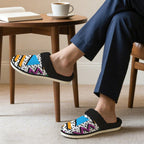 80's Abstract - Men's Fur Trim Thick-Sole Indoor Slippers Men's Fur Trimmed Slippers Printed Offshore Retro