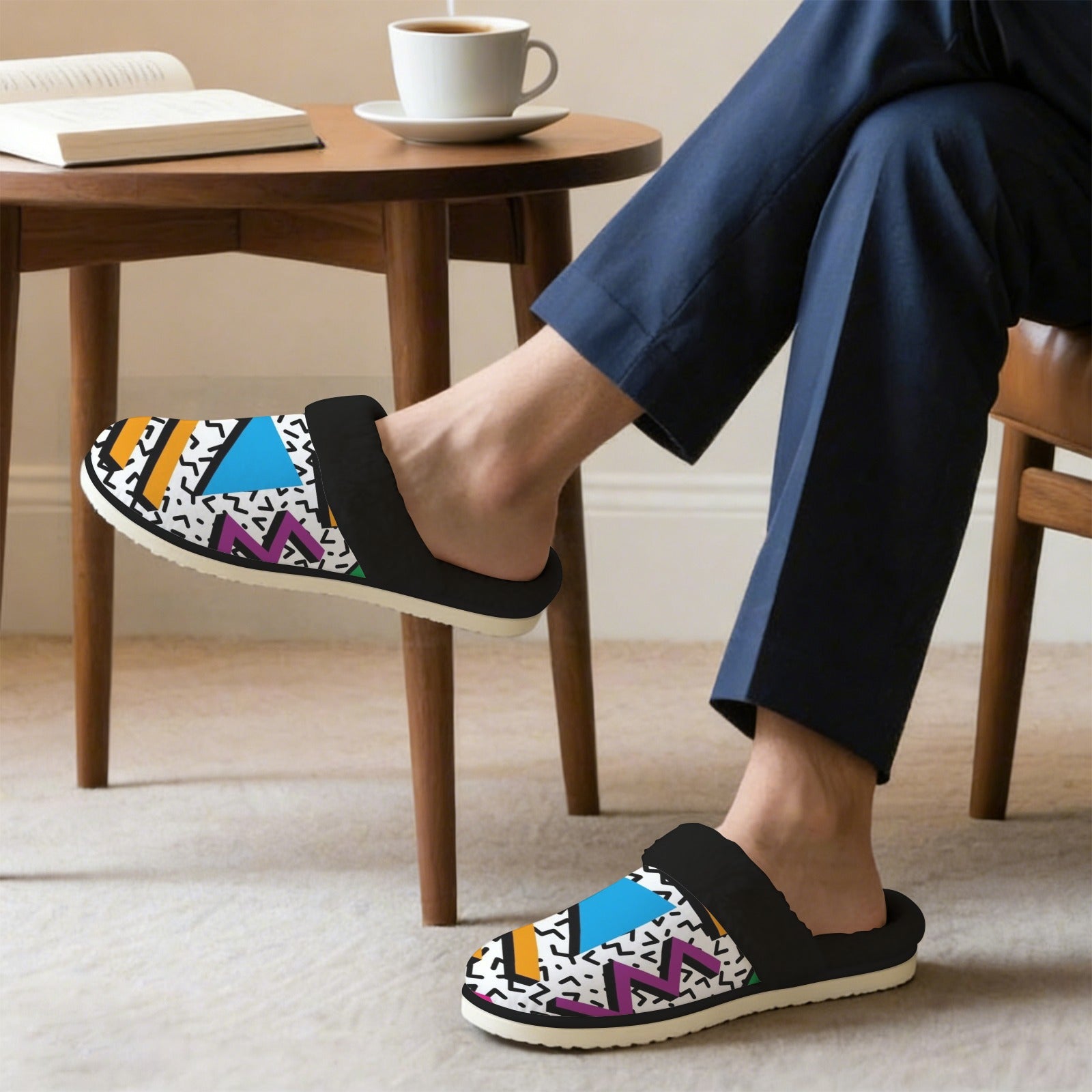 80's Abstract - Men's Fur Trim Thick-Sole Indoor Slippers Men's Fur Trimmed Slippers Printed Offshore Retro