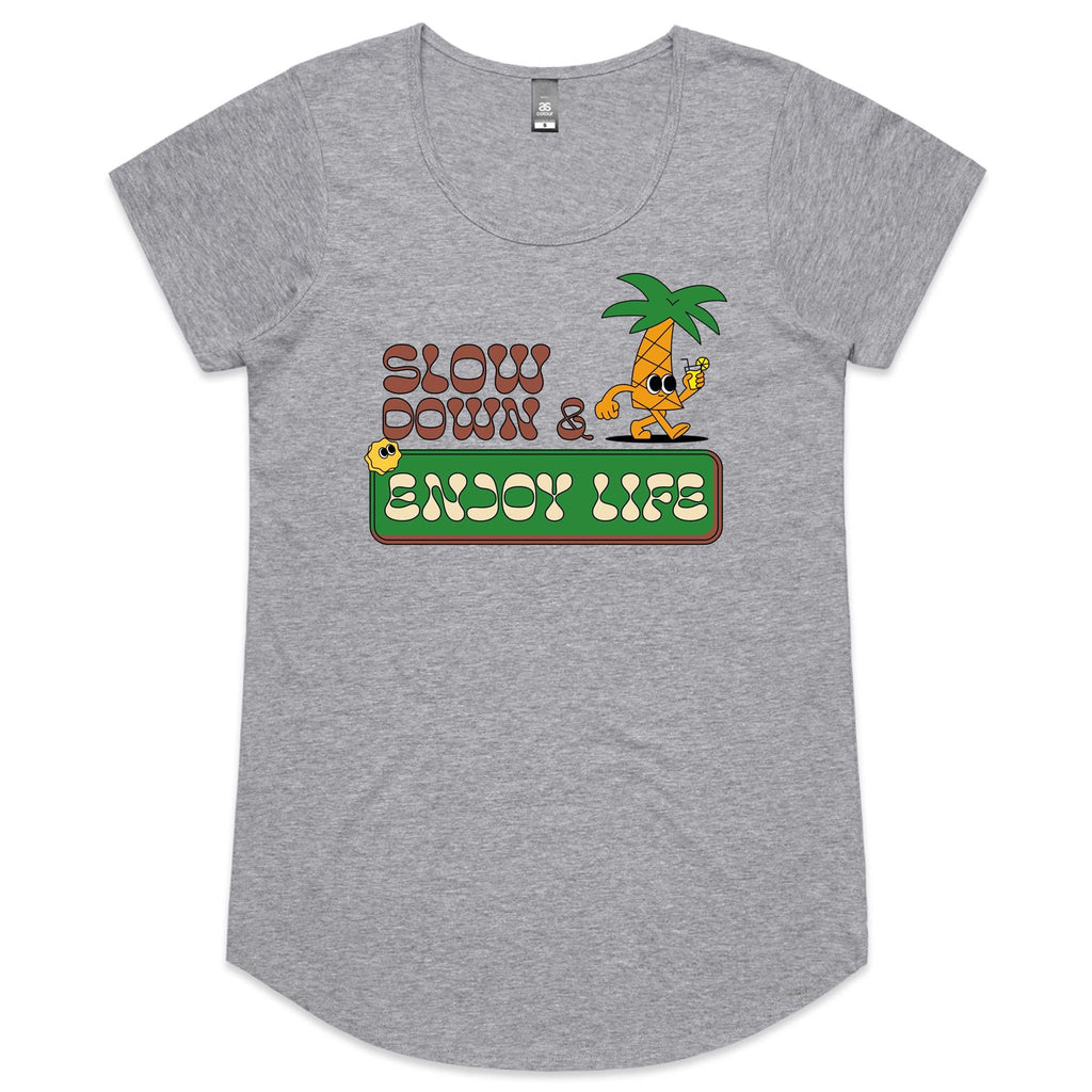 Slow Down And Enjoy Life - Womens Scoop Neck T-Shirt Grey Marle Womens Scoop Neck T-shirt Positivity Printed In Australia