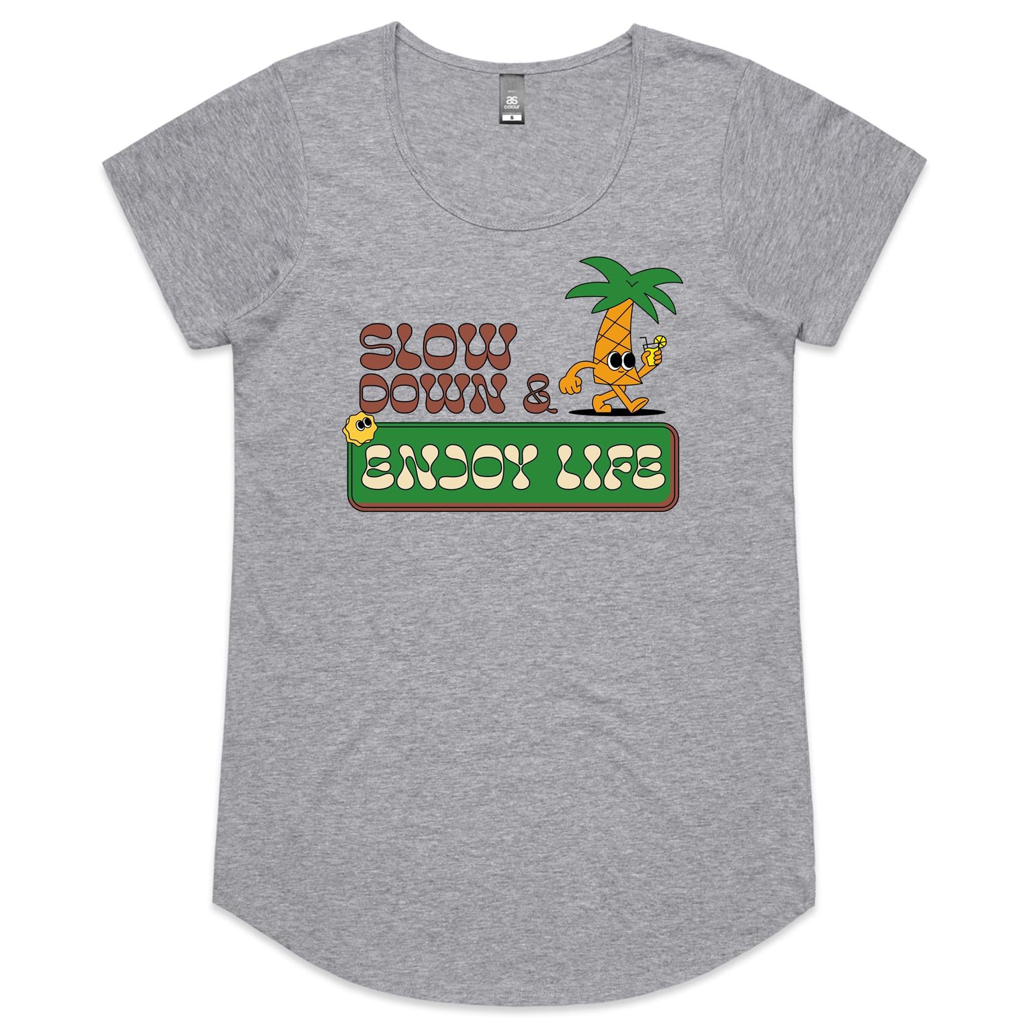 Slow Down And Enjoy Life - Womens Scoop Neck T-Shirt Grey Marle Womens Scoop Neck T-shirt Positivity Printed In Australia