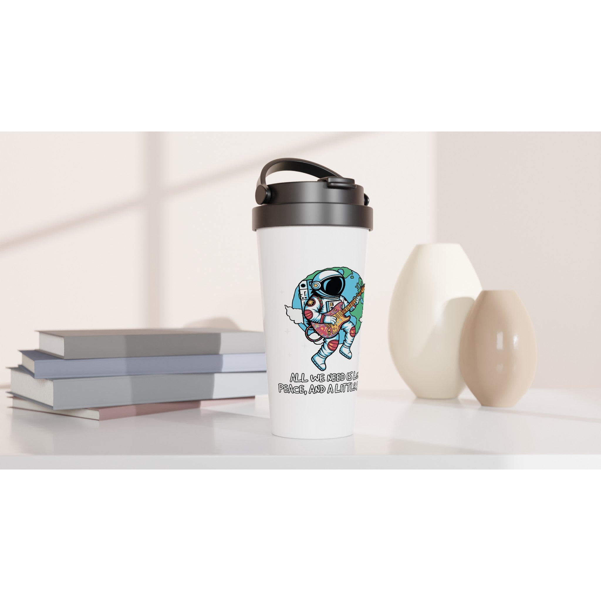 Astronaut, All We Need Is Love, Peace And A Little Space - White 15oz Stainless Steel Travel Mug Travel Mug Globally Fulfilled Space