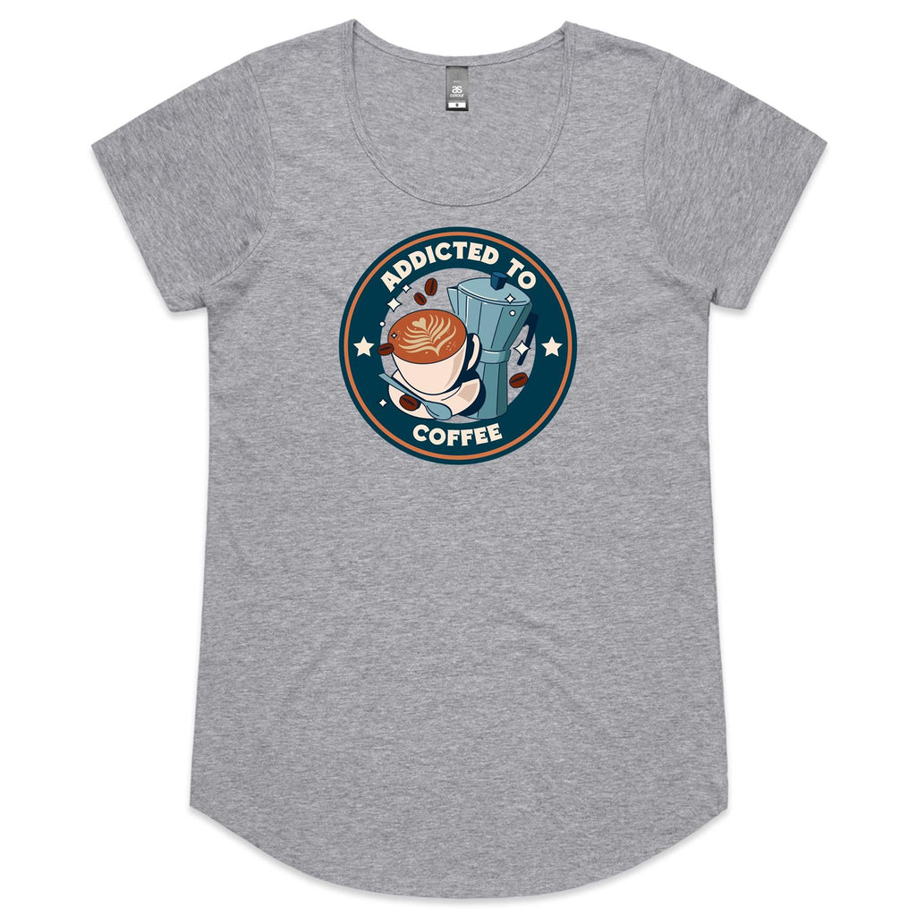 Addicted To Coffee - Womens Scoop Neck T-Shirt Grey Marle Womens Scoop Neck T-shirt Coffee Printed In Australia