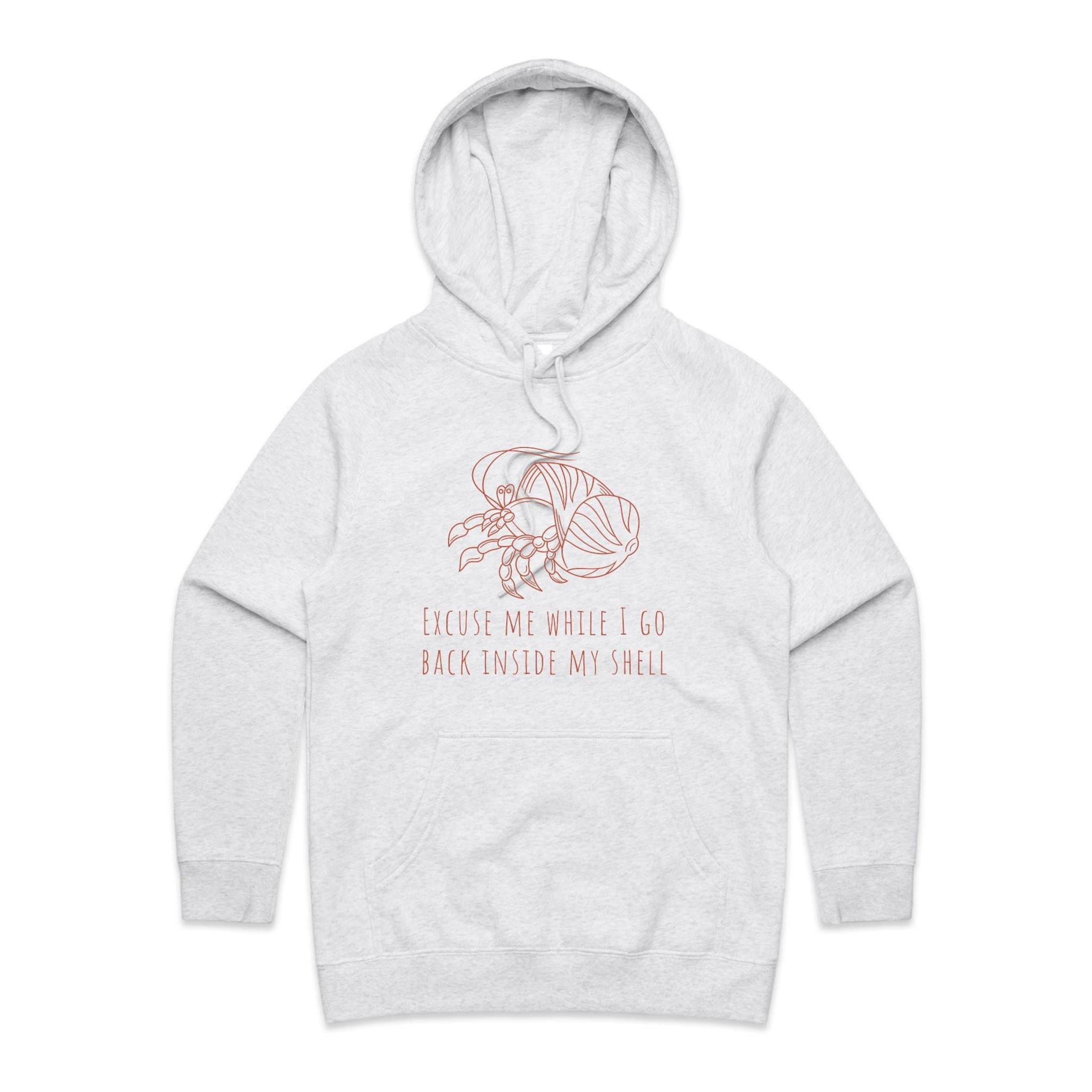 Excuse Me While I Go Back Inside My Shell, Introvert Hermit Crab - Womens Hoodie White Marle Womens Hoodie Printed In Australia