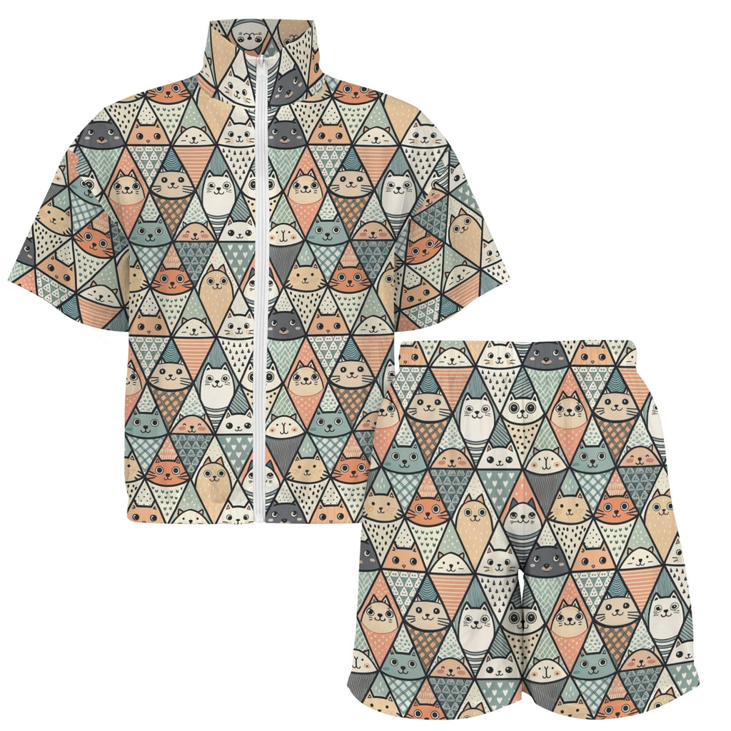 Diamond Cat Pattern Women's Windbreaker Short Set Women's Windbreaker Short Set animal Printed Offshore