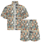 Diamond Cat Pattern Women's Windbreaker Short Set Women's Windbreaker Short Set animal Printed Offshore