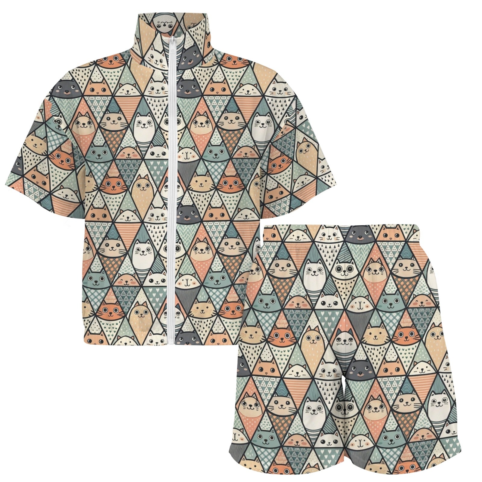 Diamond Cat Pattern Women's Windbreaker Short Set Women's Windbreaker Short Set animal Printed Offshore