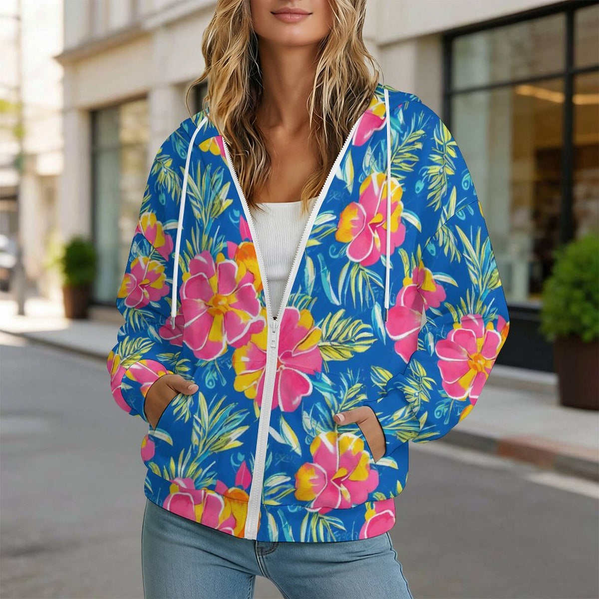Blue And Pink Tropical Women's Full-Zip Hoodie