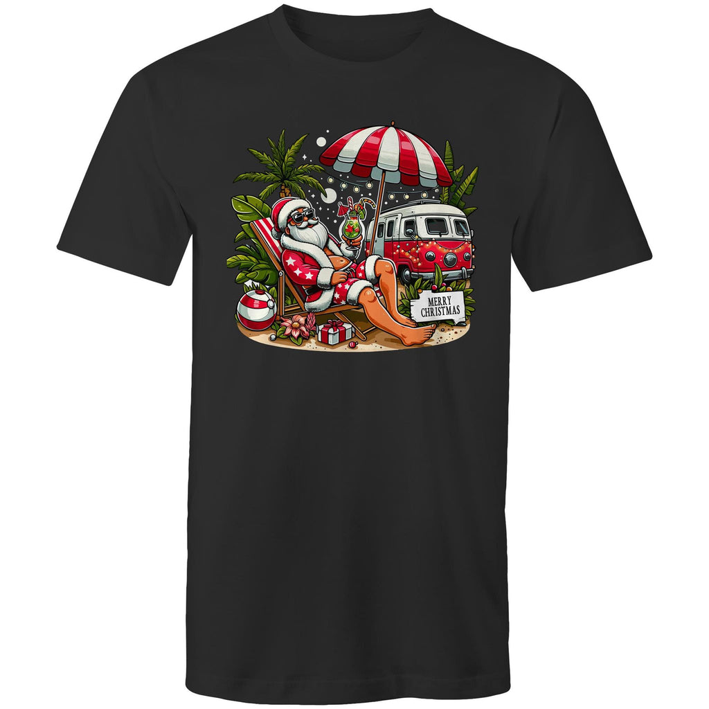 Santa By The Beach - Mens T-Shirt Black Mens Christmas T-shirt Christmas Printed In Australia