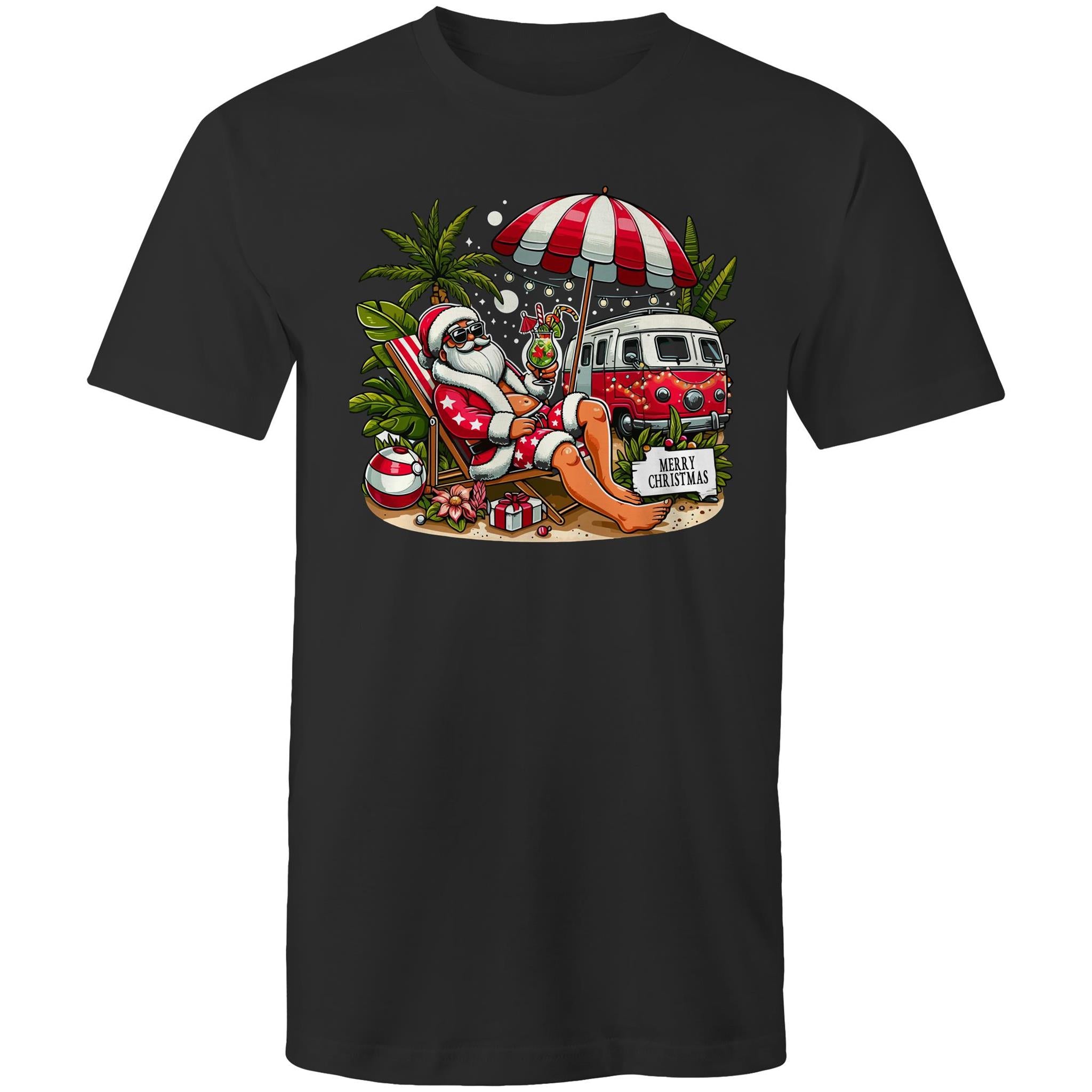 Santa By The Beach - Mens T-Shirt Black Mens Christmas T-shirt Christmas Printed In Australia
