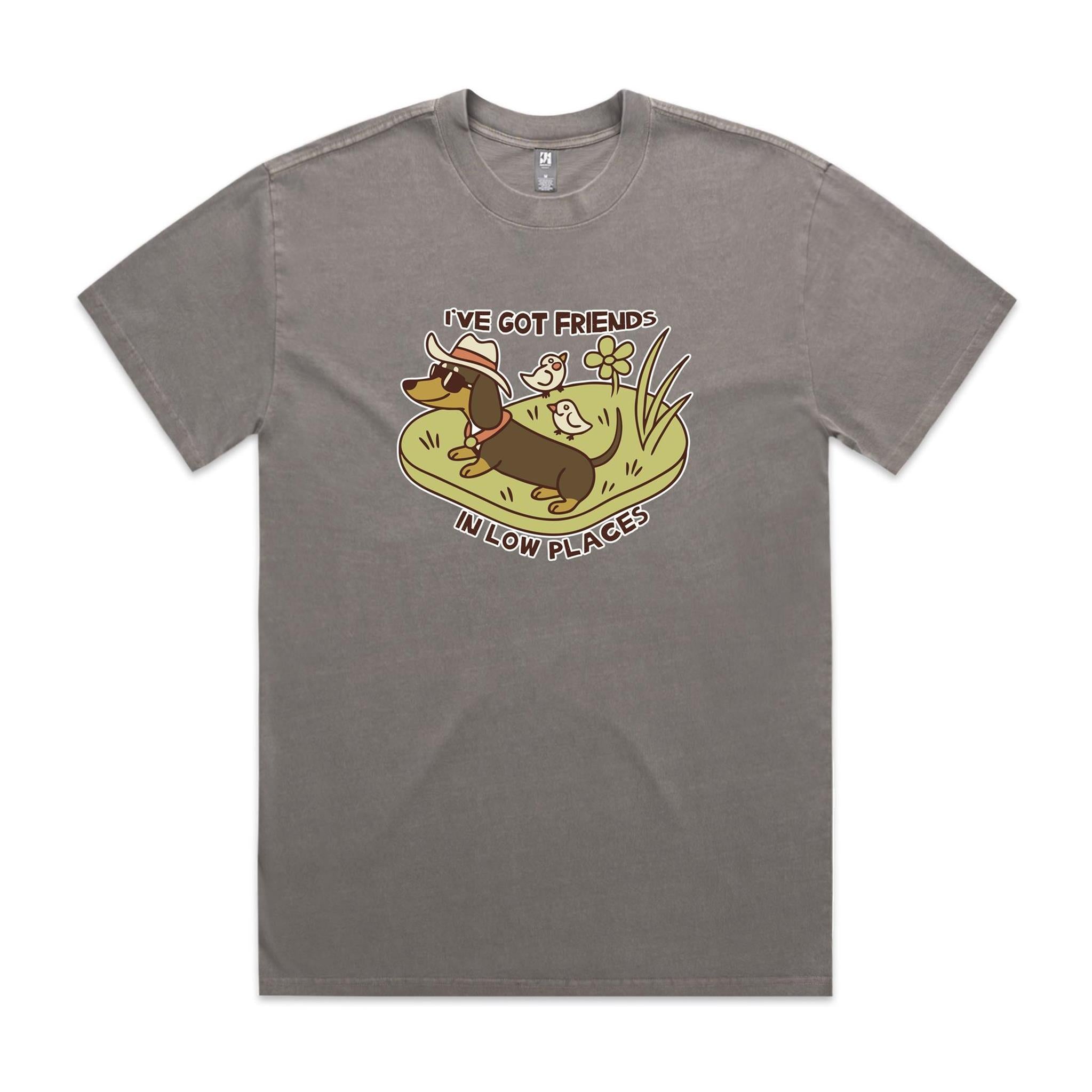 Dachshund, I've Got Friends In Low Places AS Colour Heavy Faded Tee Unisex Faded grey Heavy Faded T-shirt animal Printed In Australia
