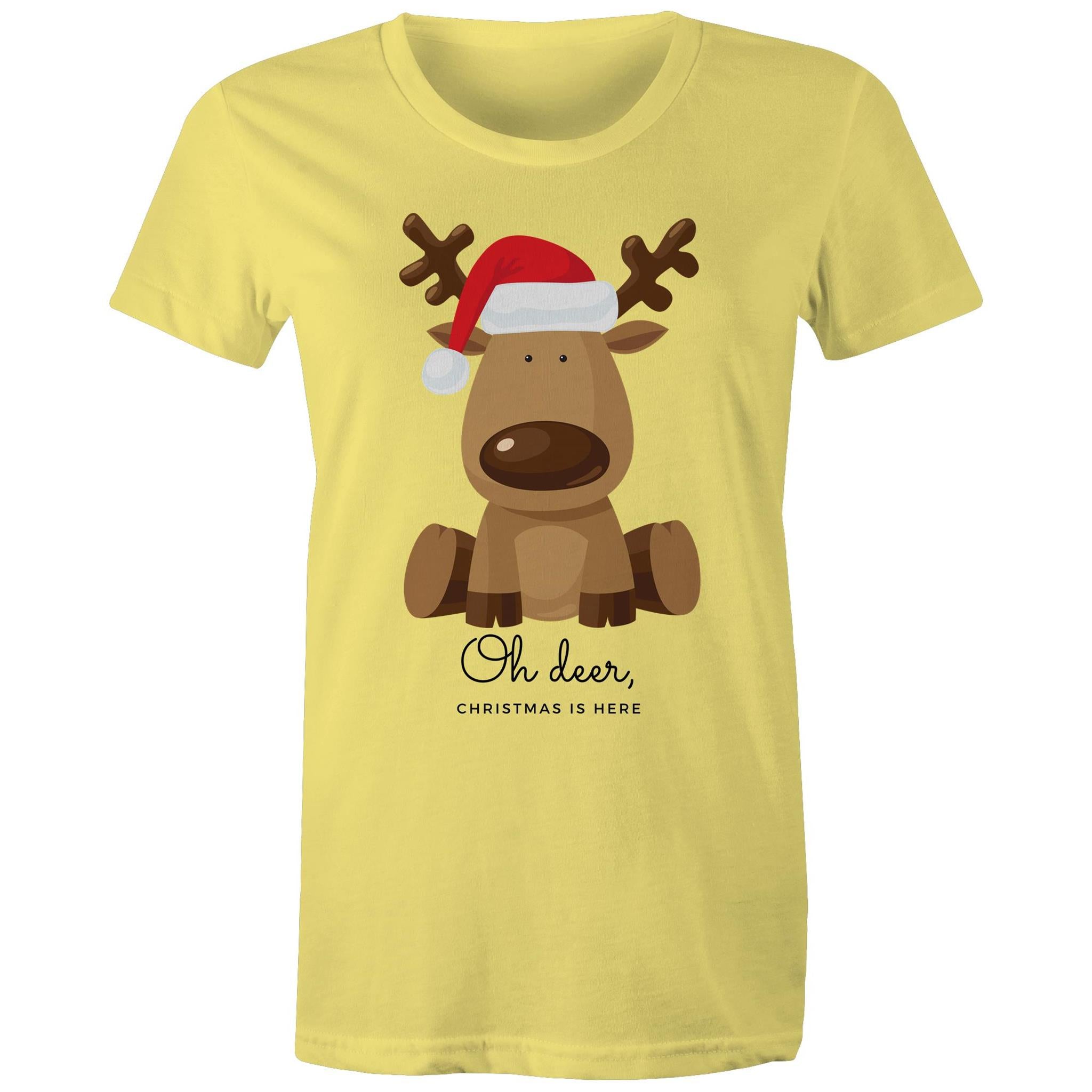 Oh Deer, Christmas Is Here, Reindeer - Womens T-shirt Yellow Womens Christmas T-shirt Christmas Printed In Australia