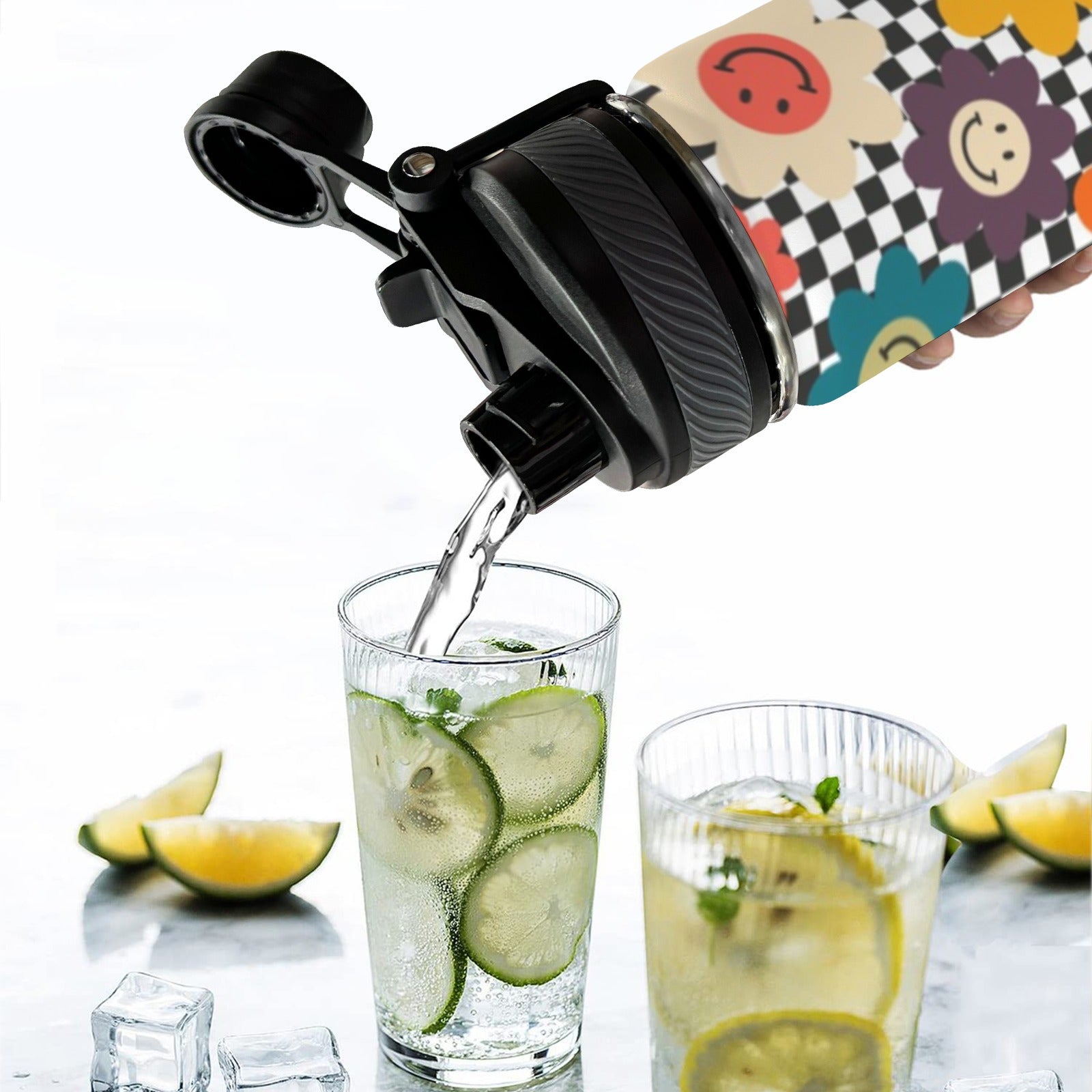 Happy Retro Flowers - Insulated Water Bottle with Dual-Use Lid (18oz) Insulated Water Bottle with Dual-Use Lid (18oz) Printed Offshore Retro