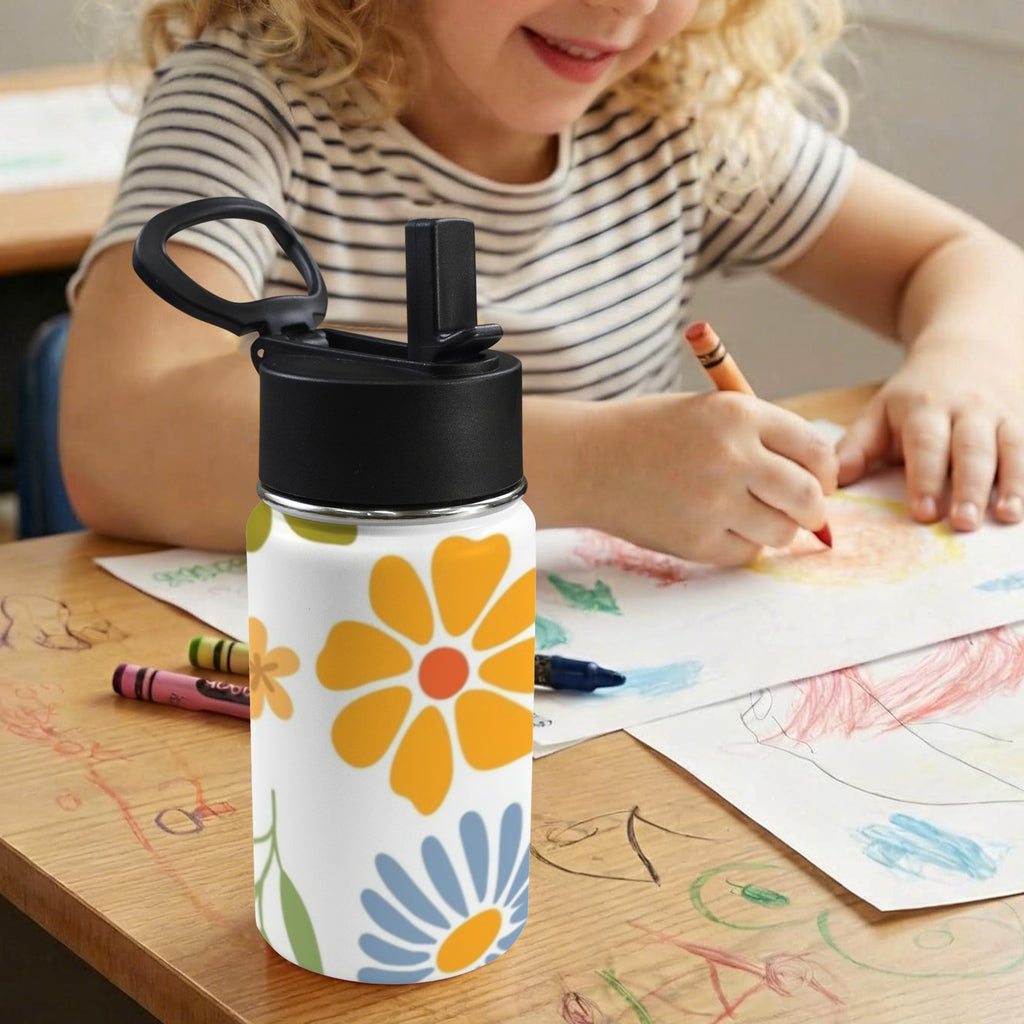 Vintage Boho Flowers 12oz Kids Water Bottle with Straw Lid