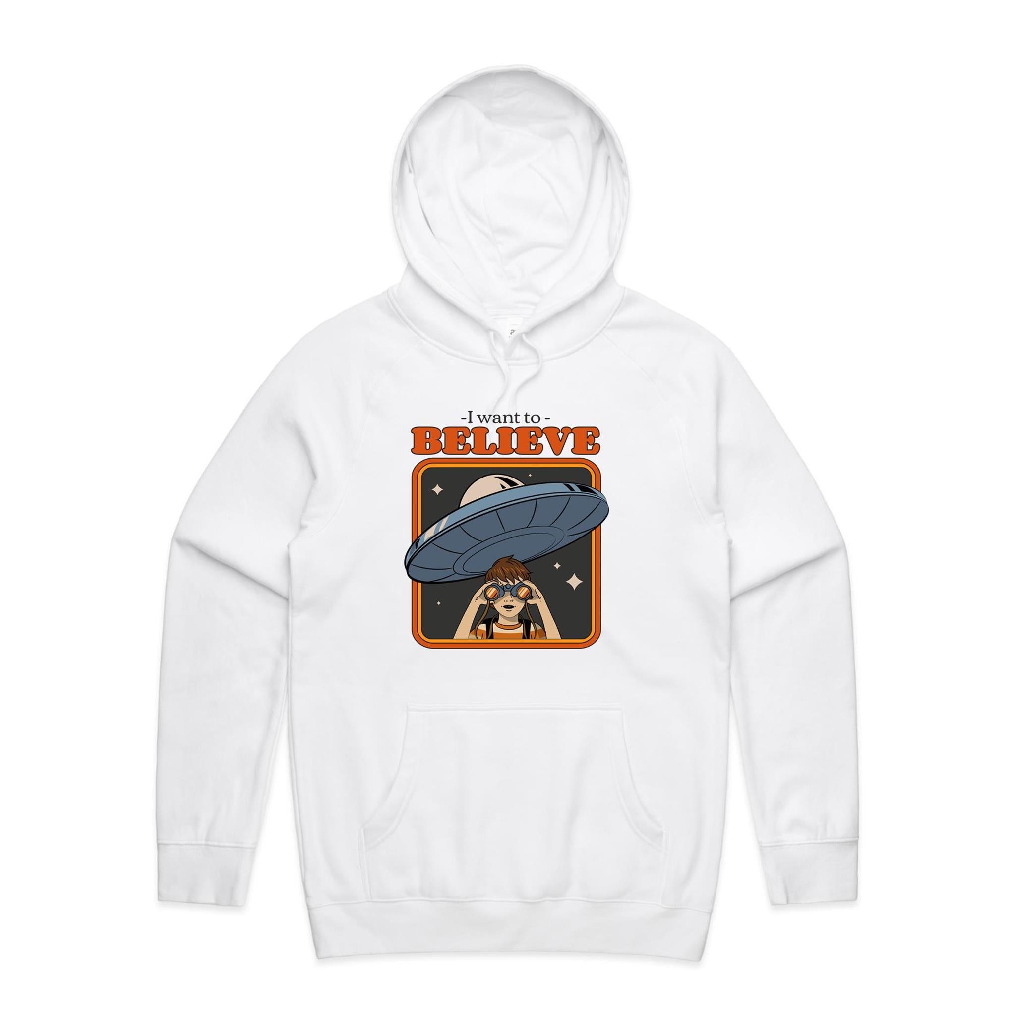 UFO, I Want To Believe - Mens Hoodie White Mens Hoodie Printed In Australia Sci Fi