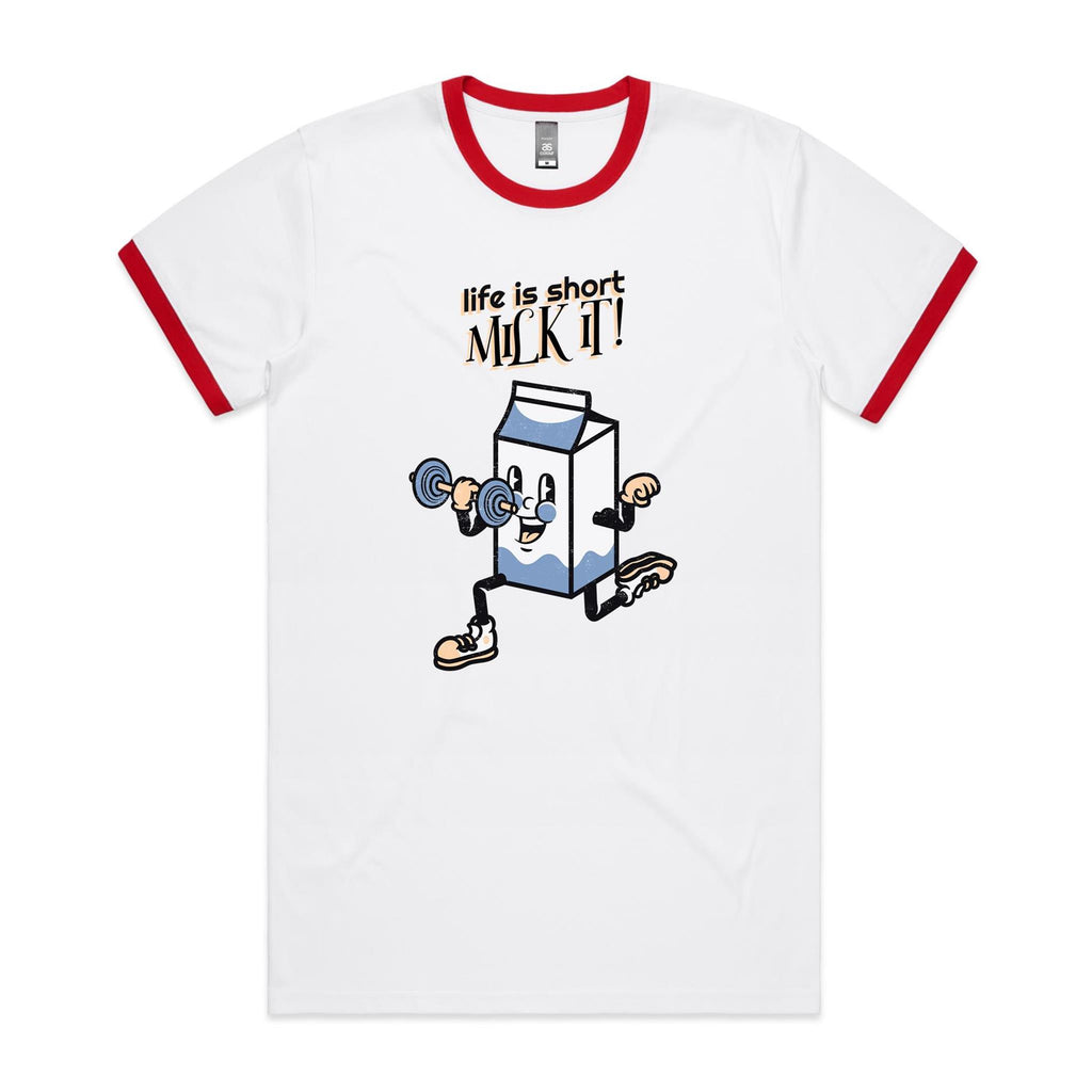 Life Is Short, Milk It - Staple Ringer Tee White Red Ringer T-Shirt Fitness Printed In Australia