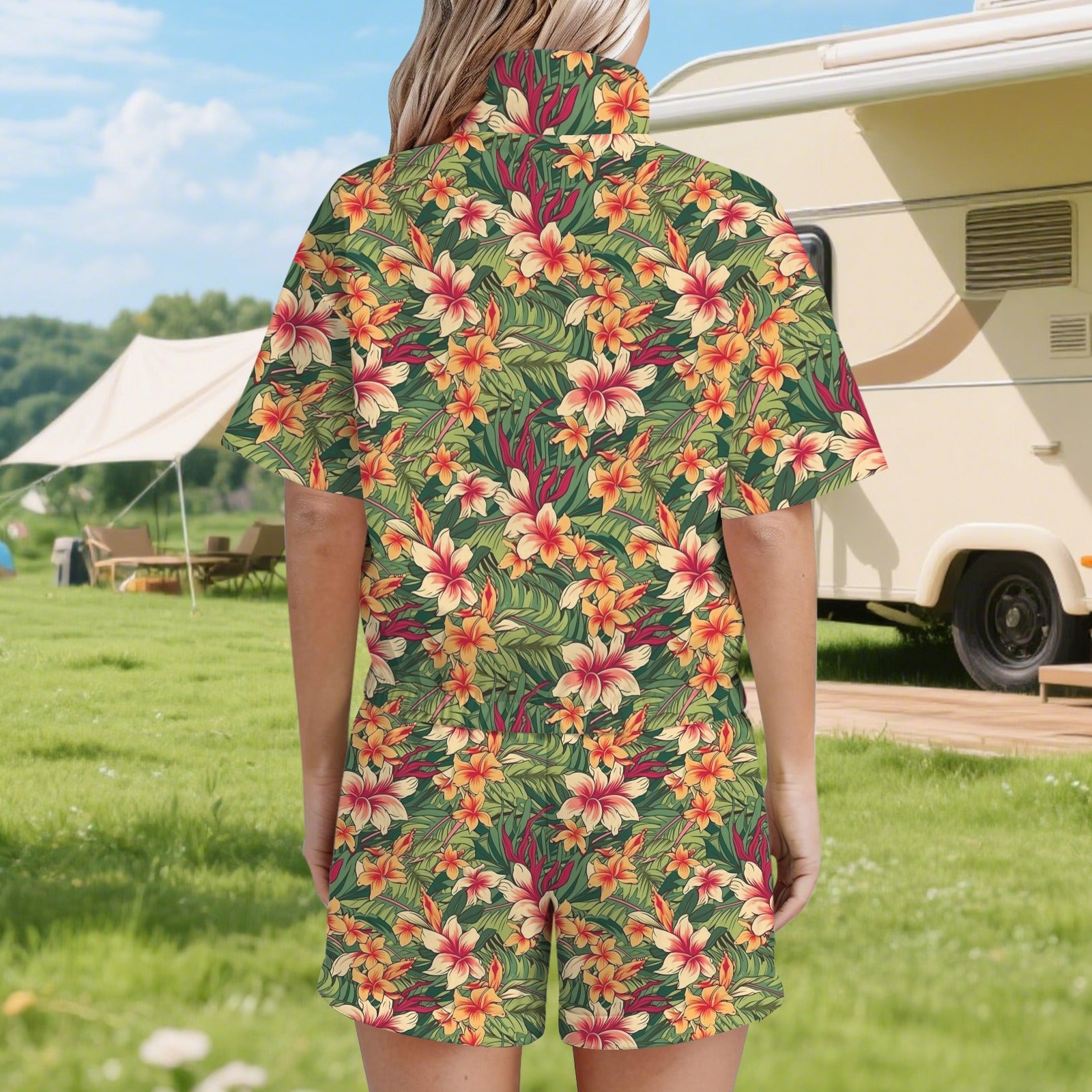 Vintage Hawaiian Floral Women's Windbreaker Short Set Women's Windbreaker Short Set Plants Printed Offshore