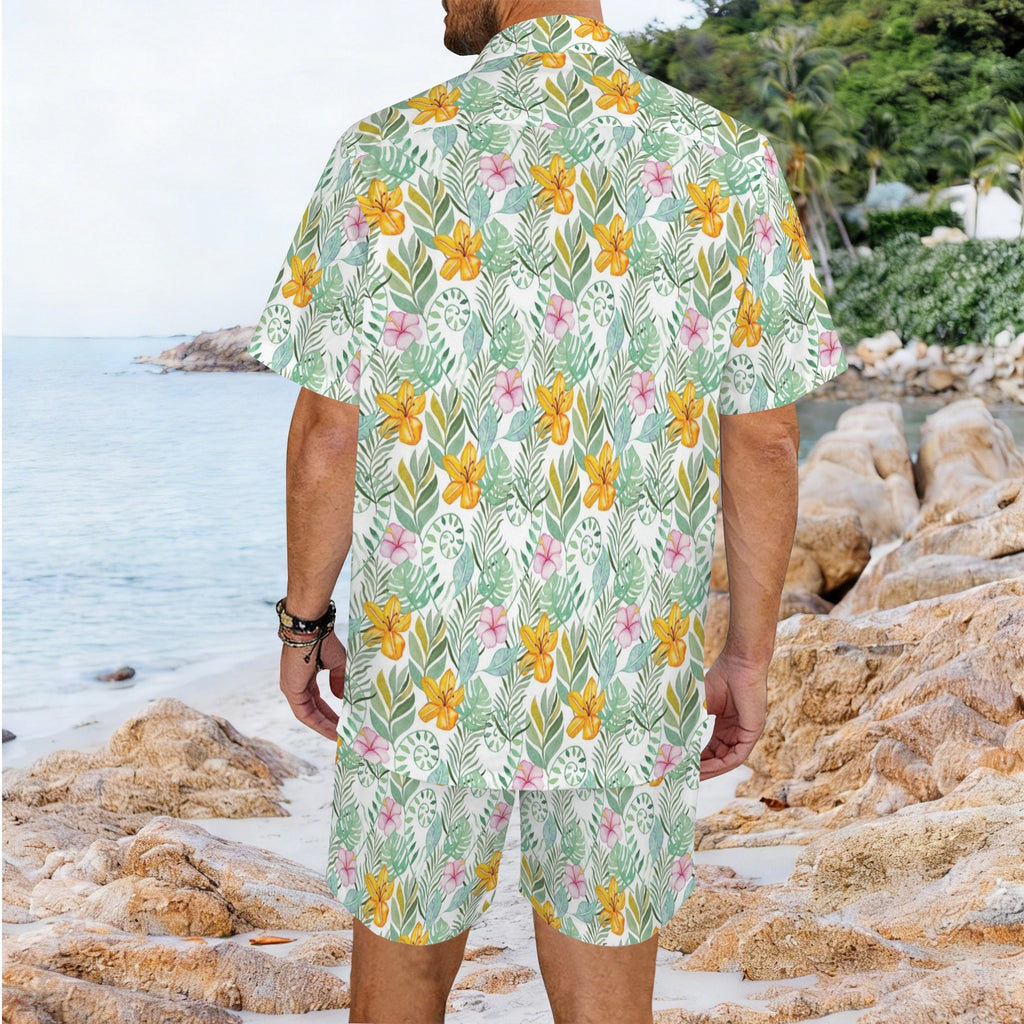 Tropical Flowers And Leaves Men's Hawaiian Shirt & Shorts Set Men's Hawaiian Shirt & Shorts Set Plants Printed Offshore