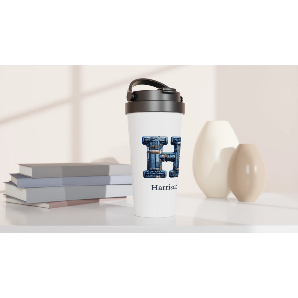 Blue Denim Initial - White 15oz Stainless Steel Travel Mug Personalised Travel Mug customise Globally Fulfilled Initial Name personalise