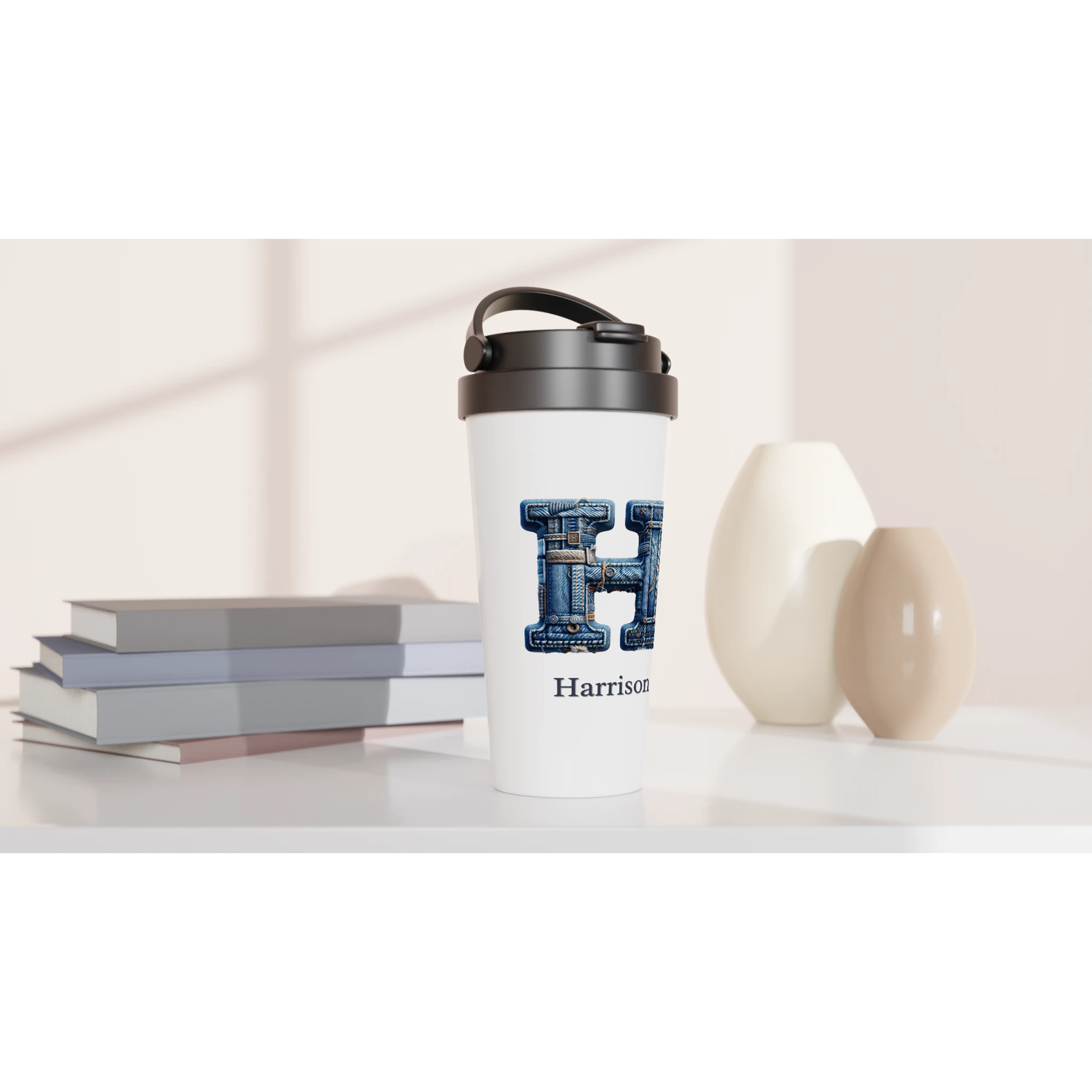 Blue Denim Initial - White 15oz Stainless Steel Travel Mug Personalised Travel Mug customise Globally Fulfilled Initial Name personalise