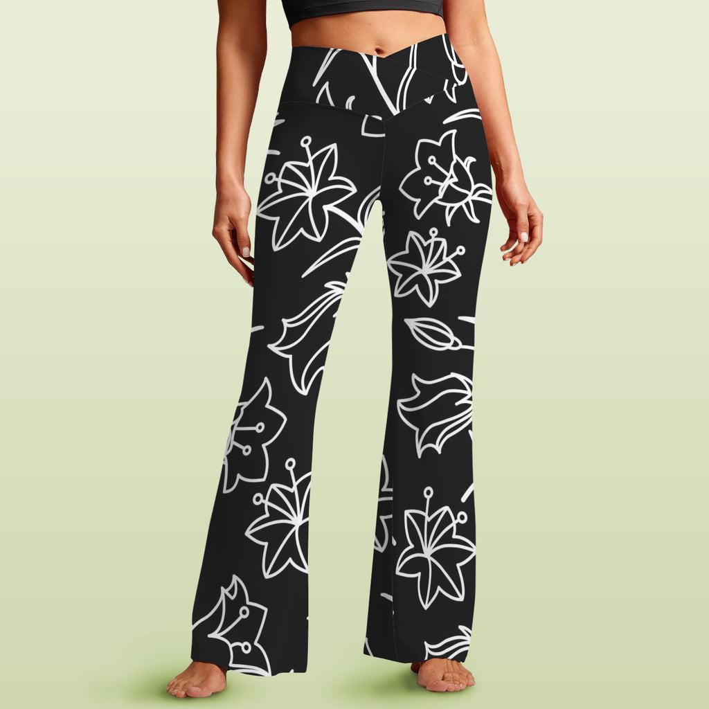 Black And White Floral High Waist Crossover Tummy Control Flare Leggings 5XL High Waist Flare Leggings Printed Offshore
