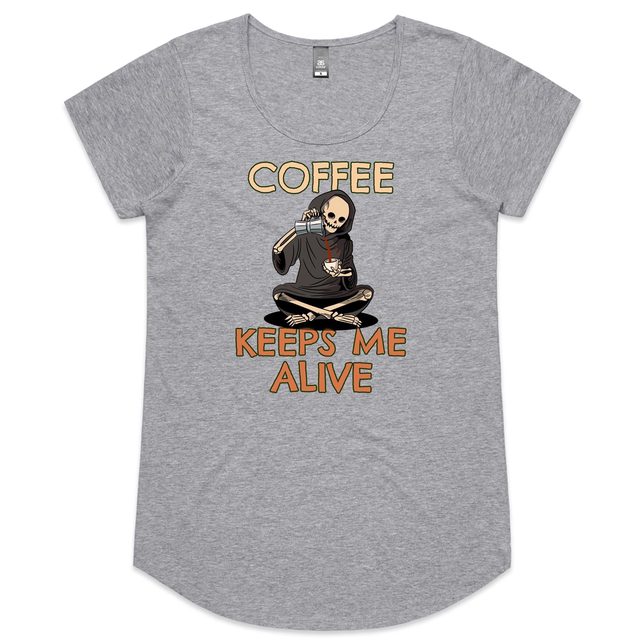 Coffee Keeps Me Alive - Womens Scoop Neck T-Shirt Grey Marle Womens Scoop Neck T-shirt Coffee Printed In Australia