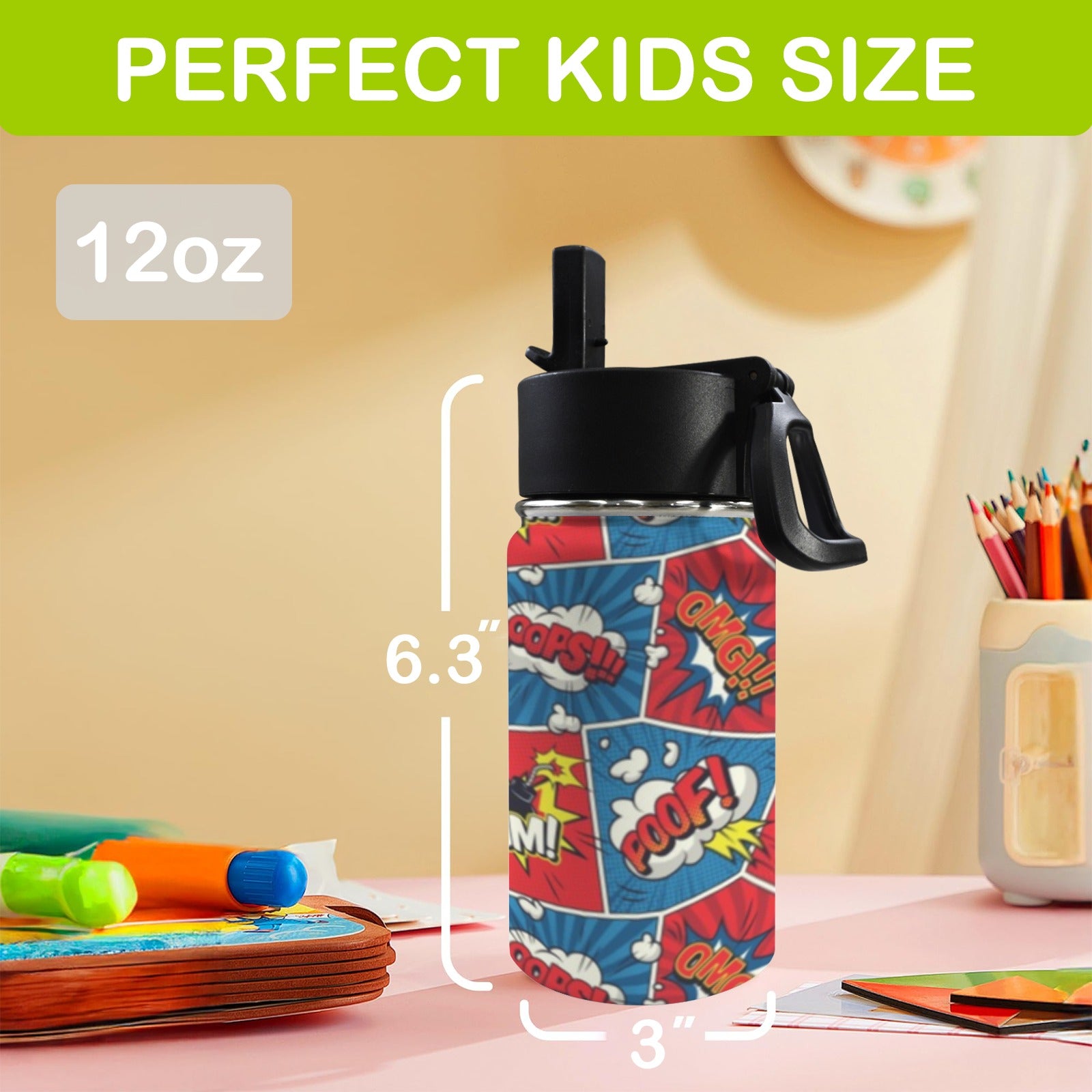 Comic Book 12oz Kids Water Bottle with Straw Lid