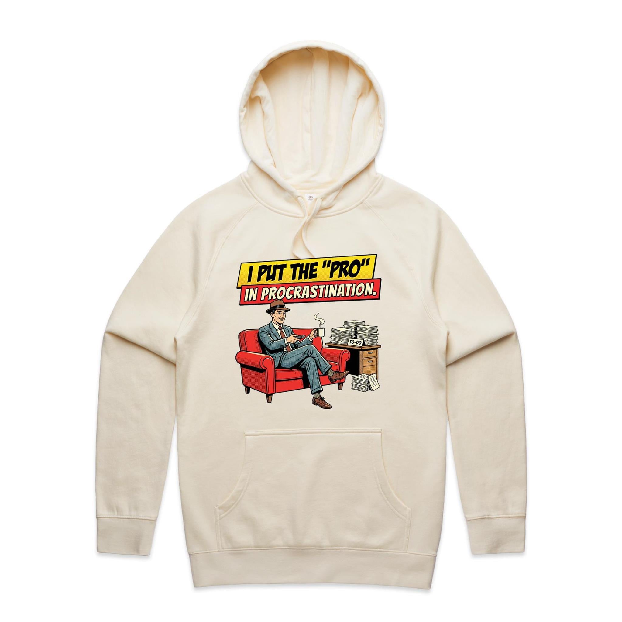 I Put The Pro In Procrastination, Retro Gentleman Men's AS Colour Hoodie Ecru Mens Hoodie comic Printed In Australia