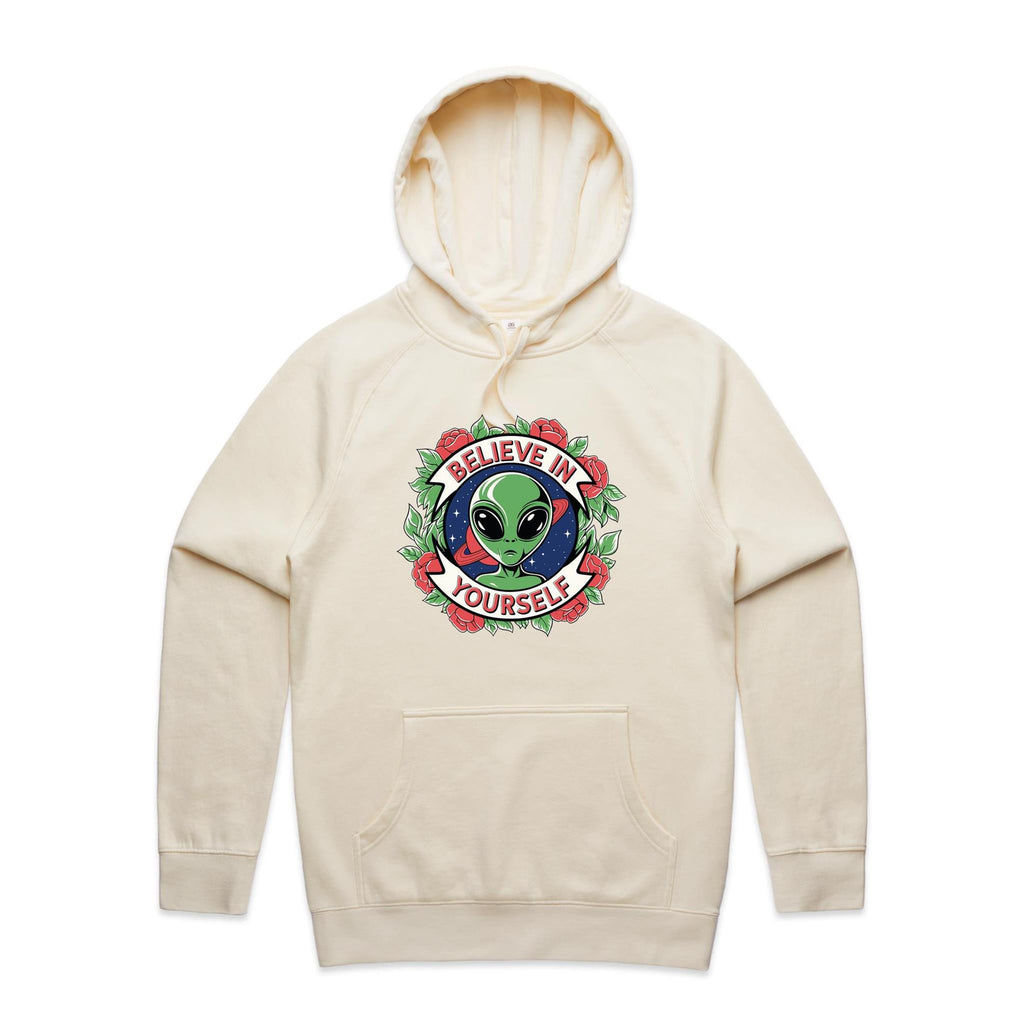 Believe In Yourself, Alien - Mens Hoodie Ecru Mens Hoodie Motivation Positivity Printed In Australia Sci Fi