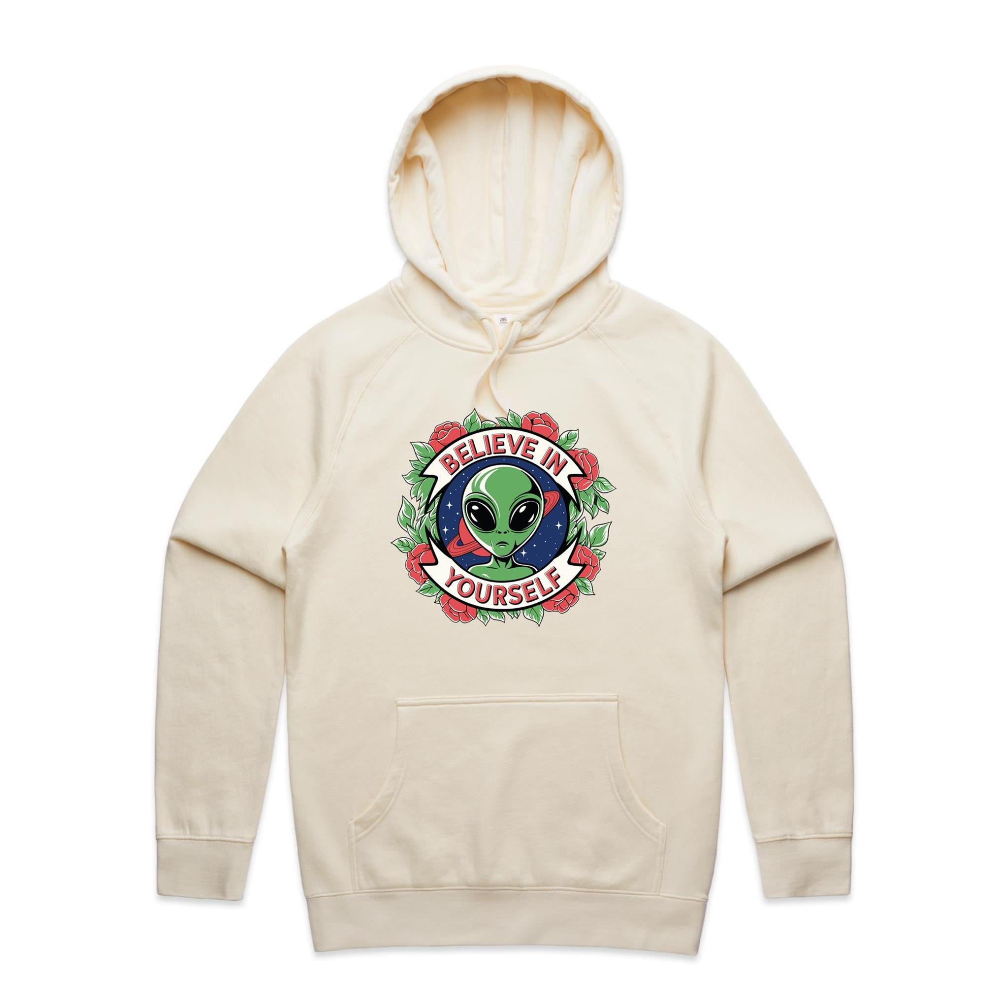 Believe In Yourself, Alien - Mens Hoodie Ecru Mens Hoodie Motivation Positivity Printed In Australia Sci Fi