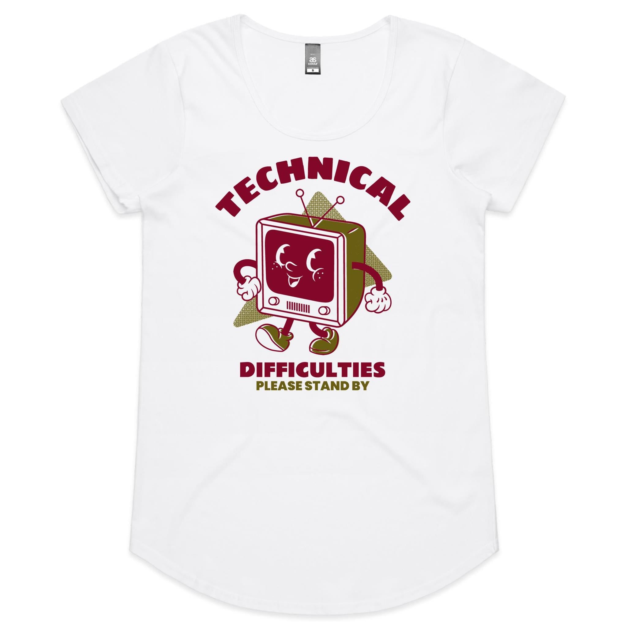 Technical Difficulties, Retro TV - Womens Scoop Neck T-Shirt White Womens Scoop Neck T-shirt Printed In Australia Retro Tech