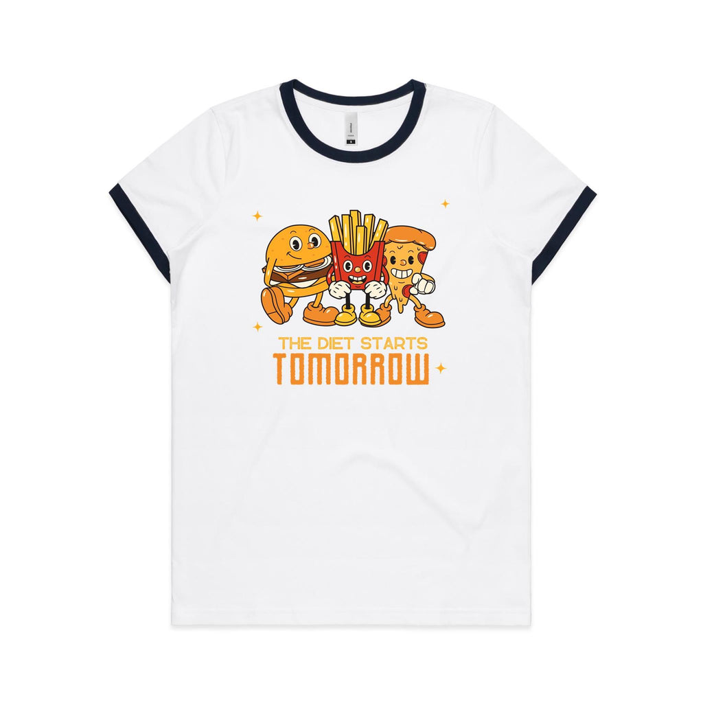 The Diet Starts Tomorrow, Hamburger, Fries, Pizza - Women's Ringer Tee White Navy Womens Ringer T-shirt Food Printed In Australia