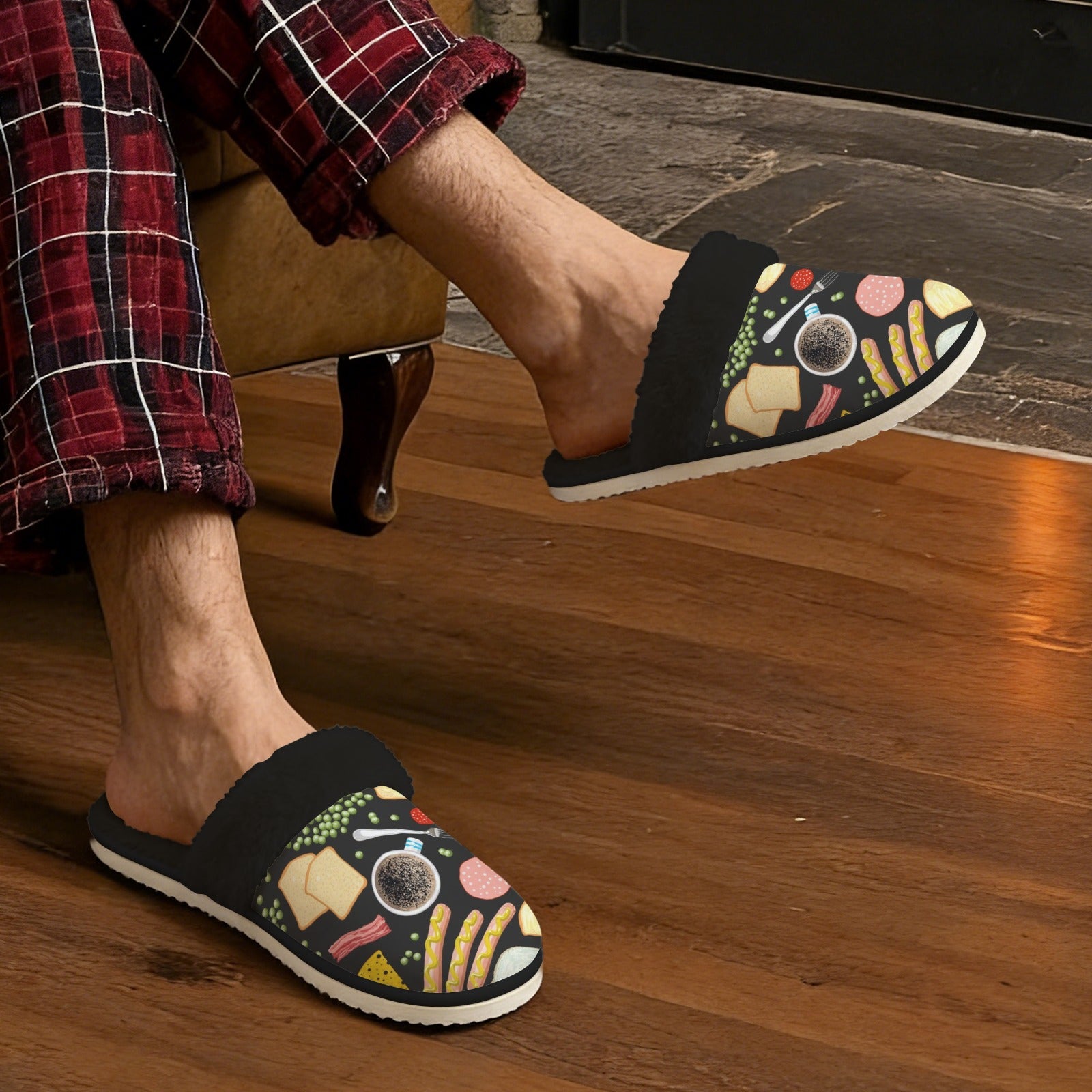 Breakfast Food Men's Fur Trim Thick-Sole Indoor Slippers Men's Fur Trimmed Slippers Food Printed Offshore