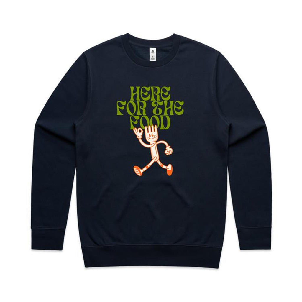 Here For The Food - AS Colour Stencil Crew Navy Sweatshirt Food Printed In Australia