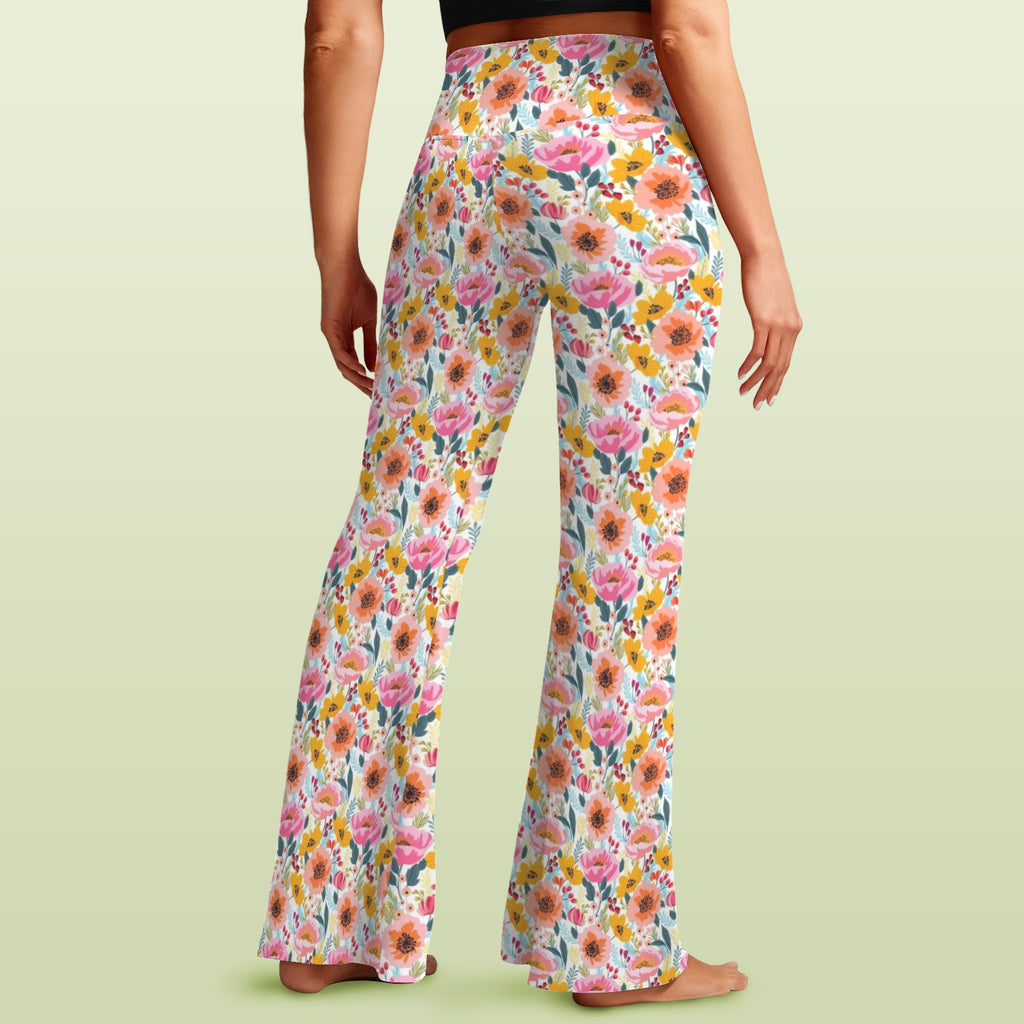 Bright And Colourful Flowers High Waist Crossover Tummy Control Flare Leggings