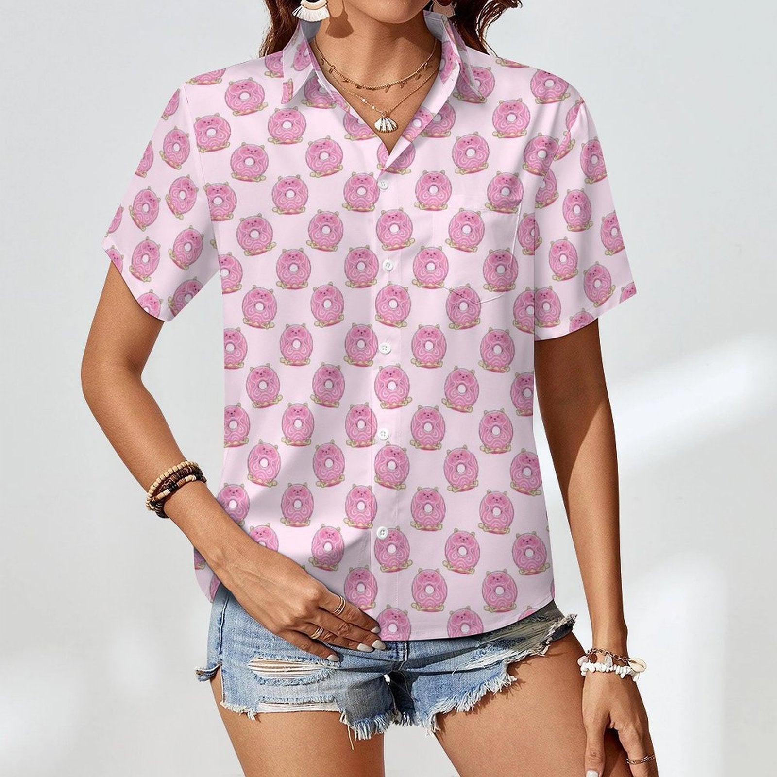 Cat Doughnuts Women's Short-Sleeve Button Up Shirt Women's Short-Sleeve Button Up Shirt animal Food Printed Offshore