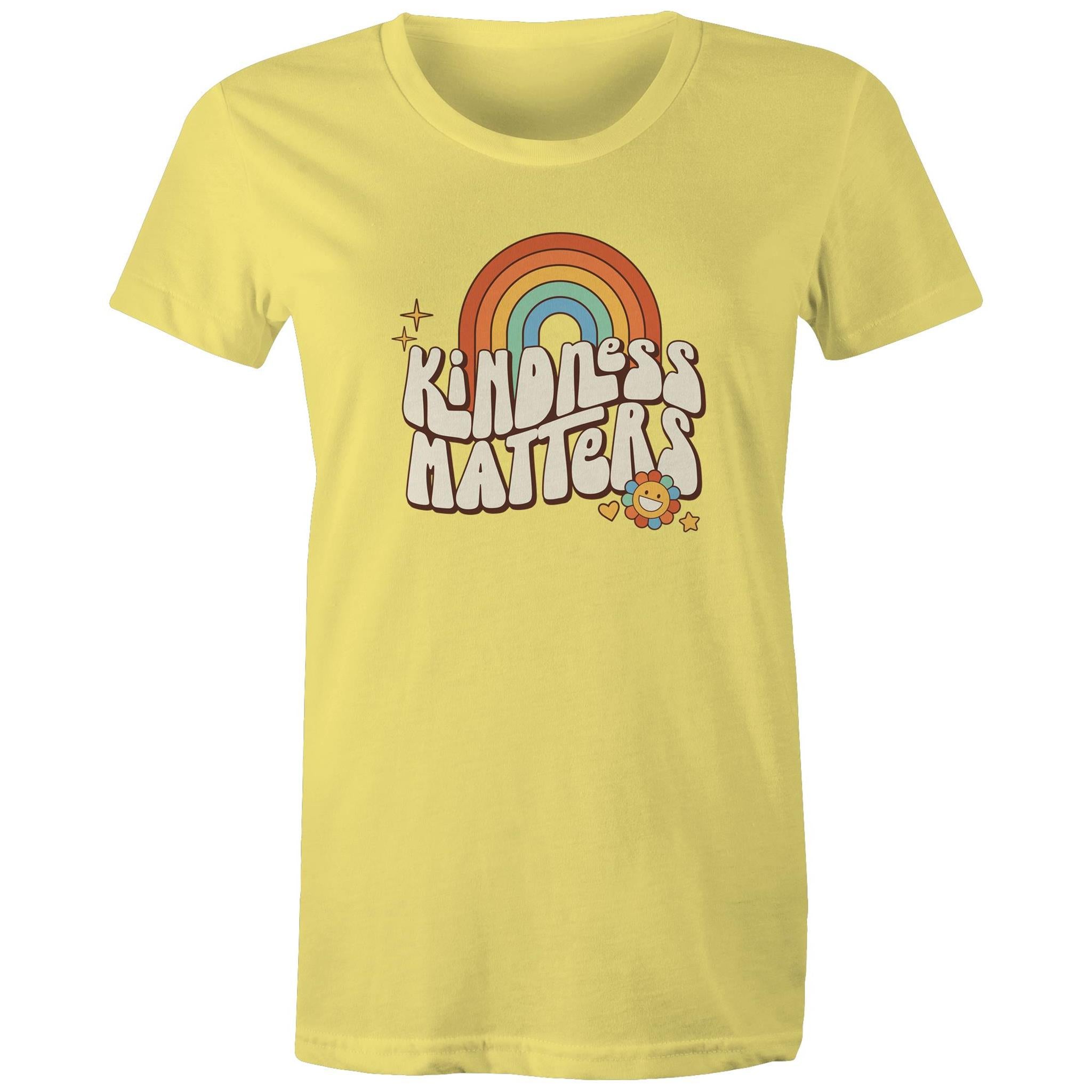 Kindness Matters - Womens T-shirt Yellow Womens T-shirt Kindness Positivity Printed In Australia Retro