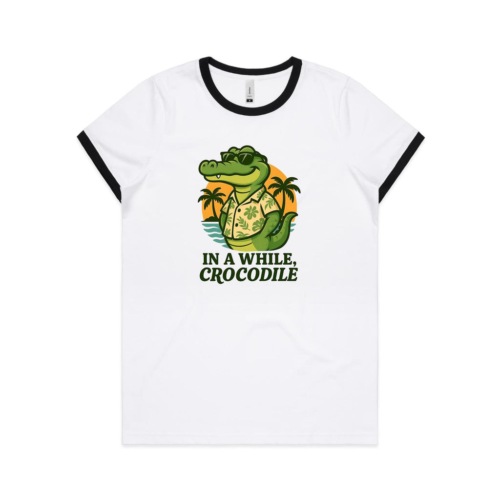 In A While, Crocodile AS Colour Women's Ringer Tee White Black Womens Ringer T-shirt animal Printed In Australia