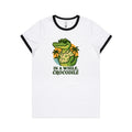 In A While, Crocodile AS Colour Women's Ringer Tee White Black Womens Ringer T-shirt animal Printed In Australia