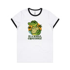 In A While, Crocodile AS Colour Women's Ringer Tee White Black Womens Ringer T-shirt animal Printed In Australia