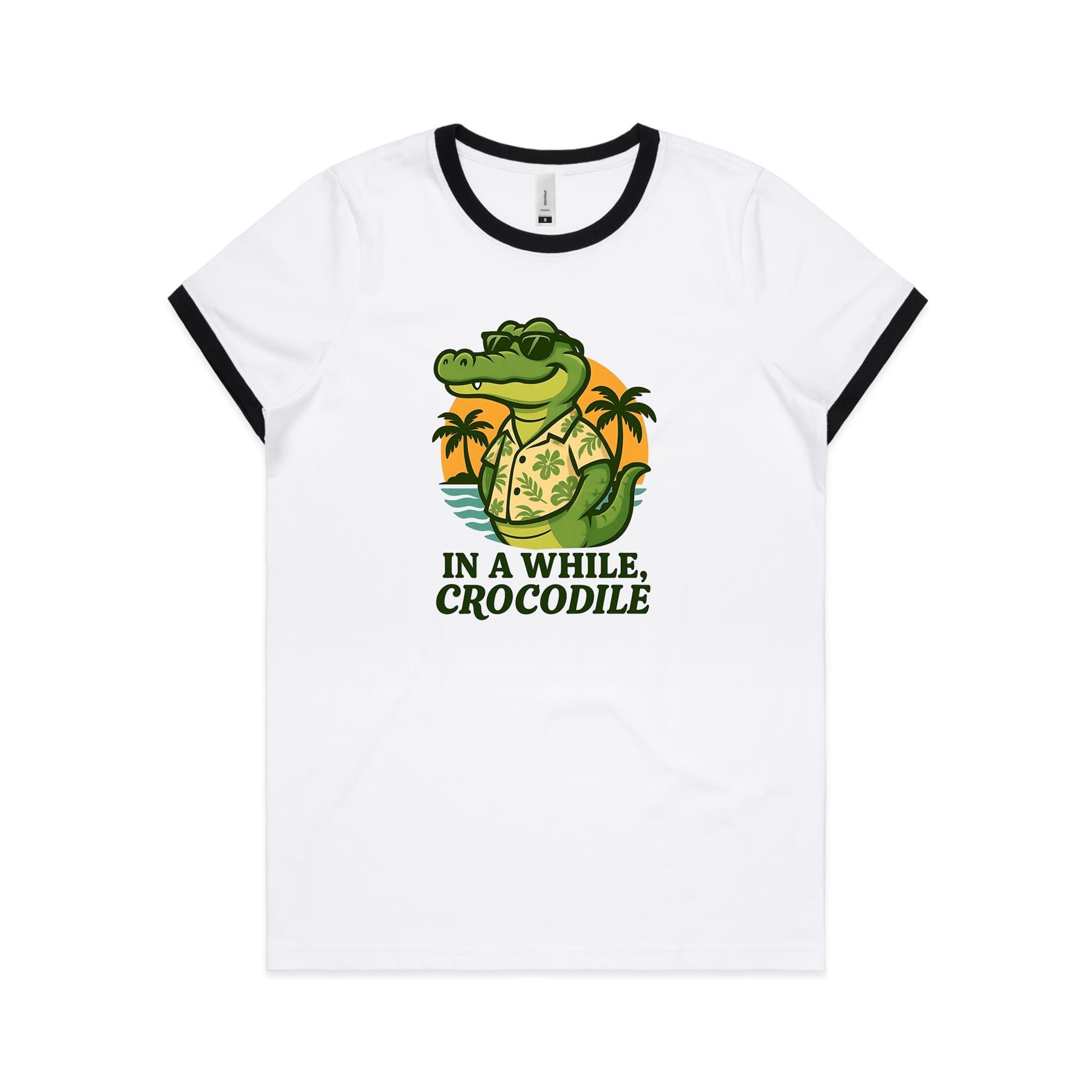 In A While, Crocodile AS Colour Women's Ringer Tee White Black Womens Ringer T-shirt animal Printed In Australia