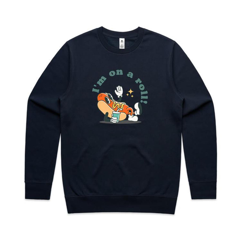 Hot Dog, I'm On A Roll - AS Colour Stencil Crew Navy Sweatshirt Food Printed In Australia