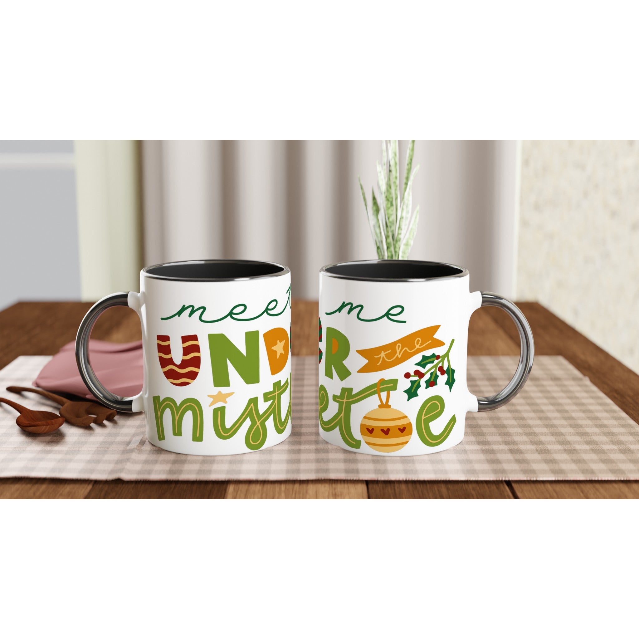 Meet Me Under The Mistletoe - White 11oz Ceramic Mug with Colour Inside Ceramic Black Christmas Colour Mug Christmas Globally Fulfilled