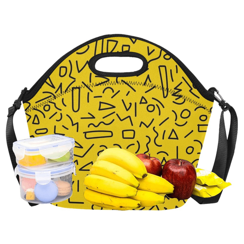 Black Squiggle On Yellow Neoprene Lunch Bag/Large (Model 1669) Neoprene Lunch Bag Printed Offshore