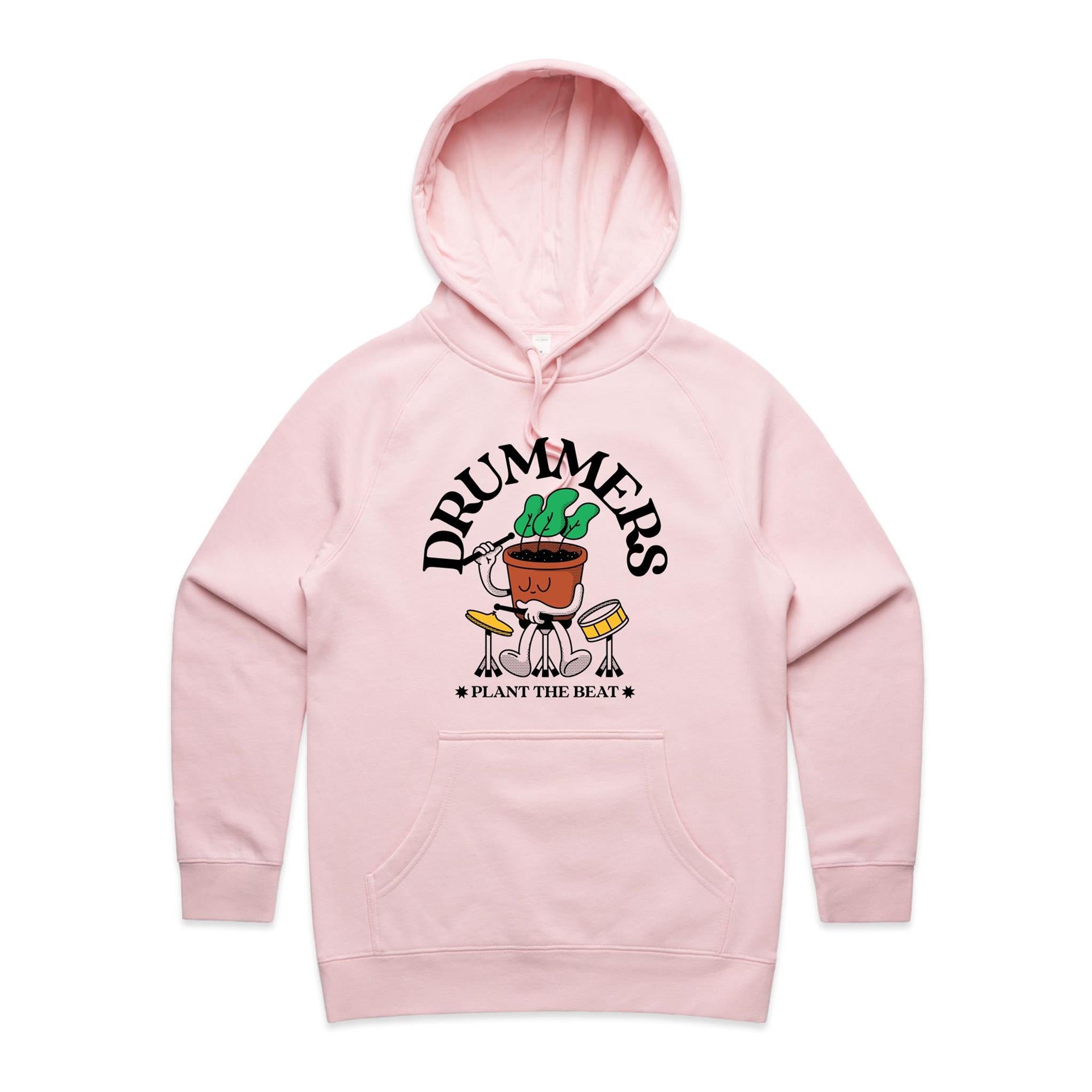 Drummers Plant The Beat - Womens Hoodie Pink Womens Hoodie Music Printed In Australia