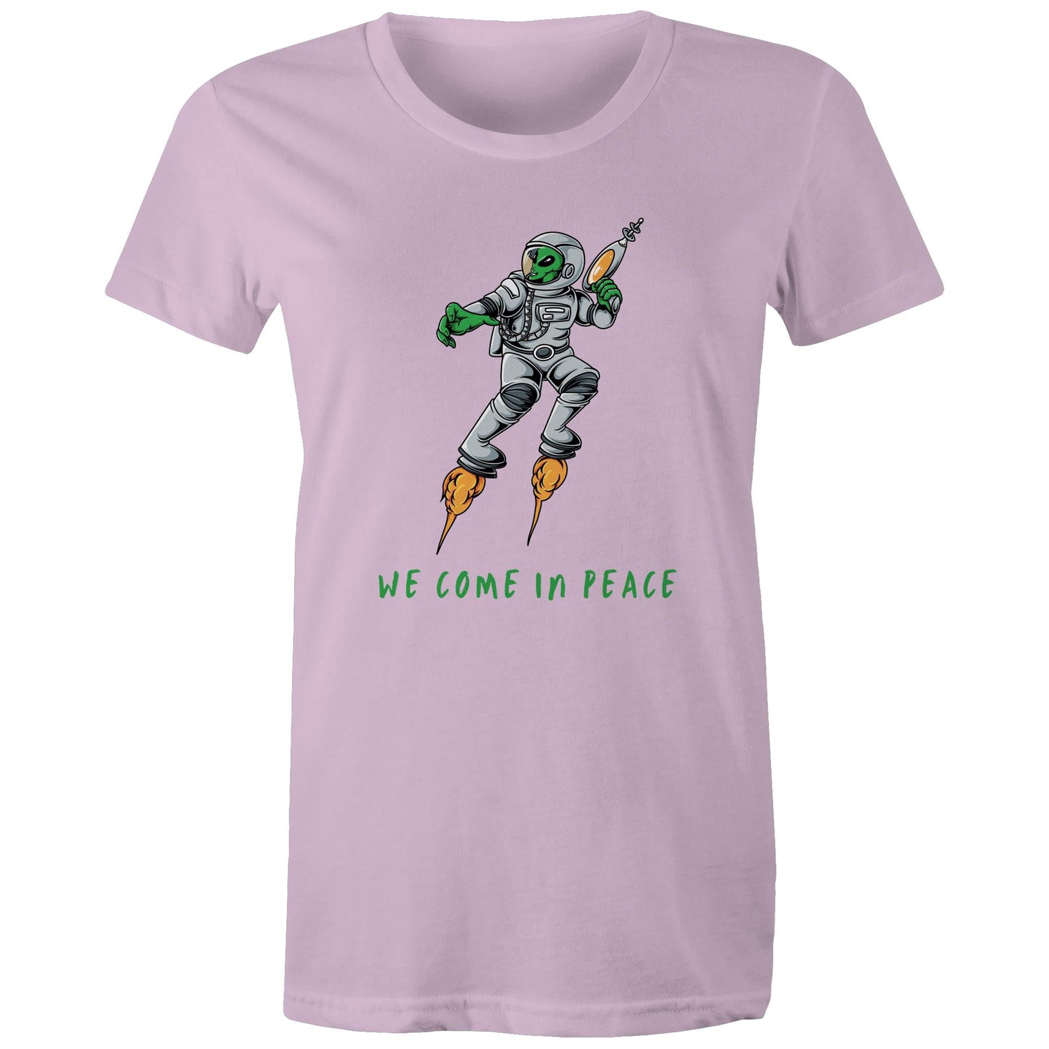 Alien Invasion, We Come In Peace - Womens T-shirt Lavender Womens T-shirt Printed In Australia Sci Fi