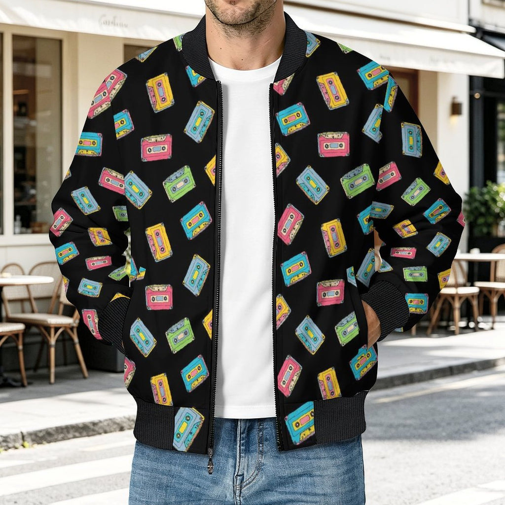 Colourful Cassette Tapes Men's Casual Zip‑Up Bomber Jacket