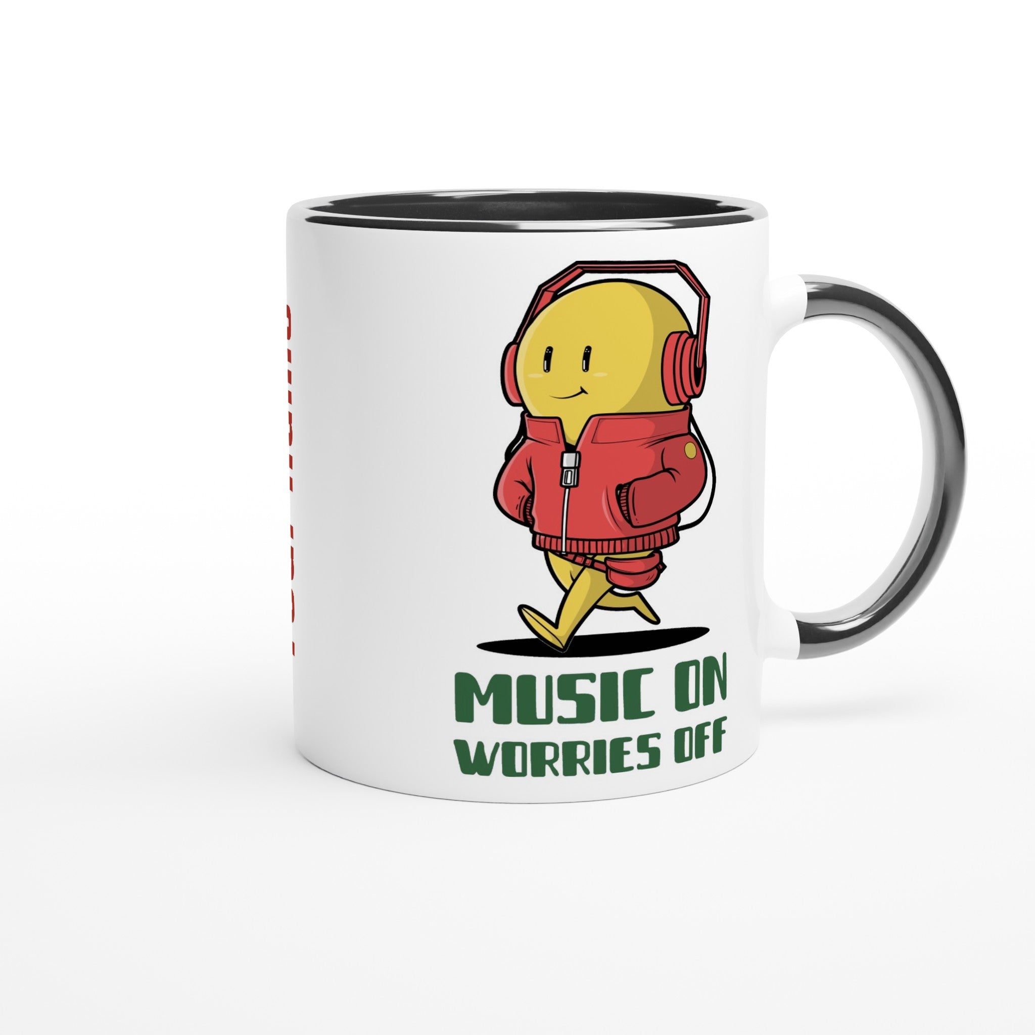 Personalised - Music On, Worries Off - White 11oz Ceramic Mug with Colour Inside Personalised 11oz Mug customise Globally Fulfilled Music personalise