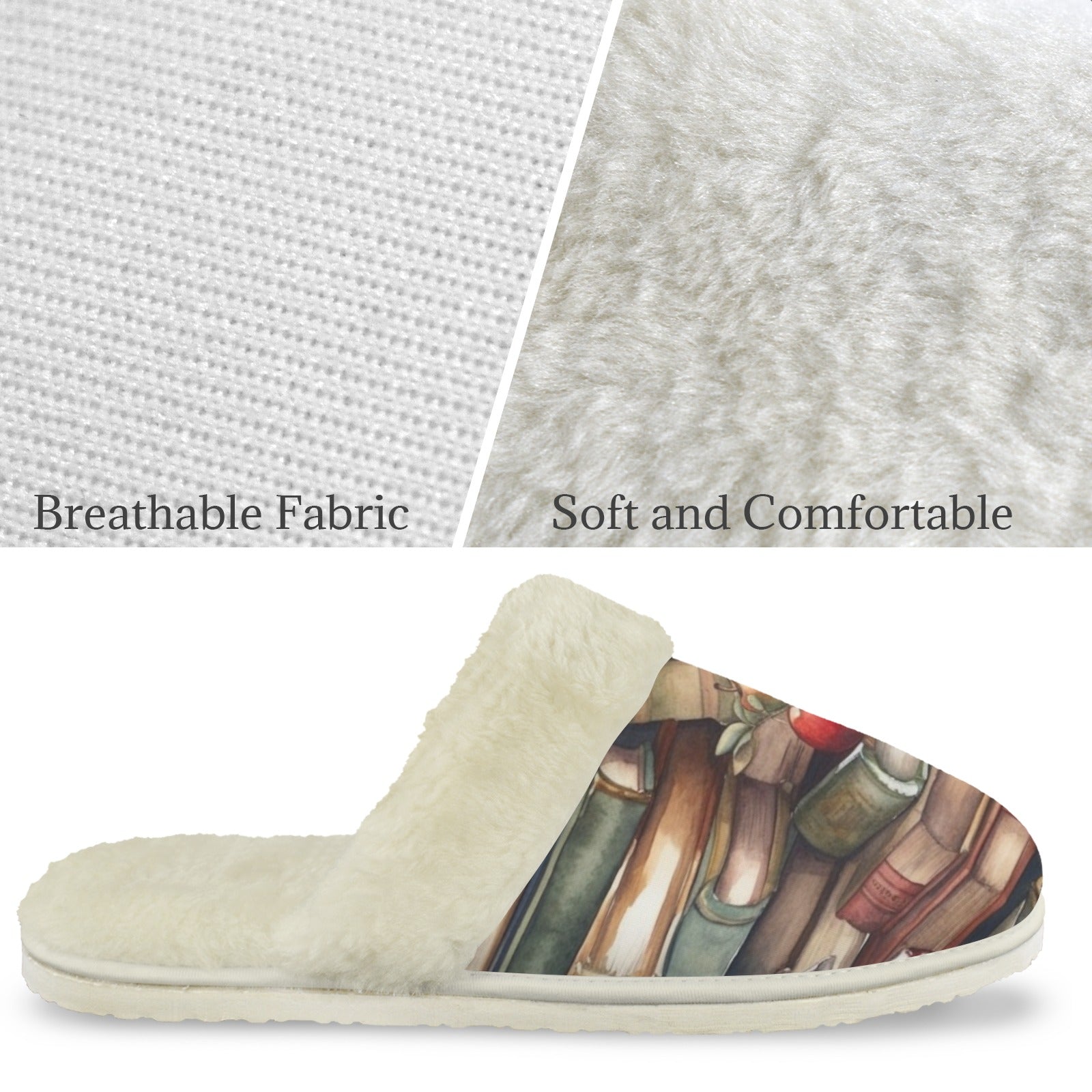 Watercolour Books Women's Fur Trim Thick-Sole Indoor Slippers Women's Fur Trimmed Slippers Printed Offshore Reading