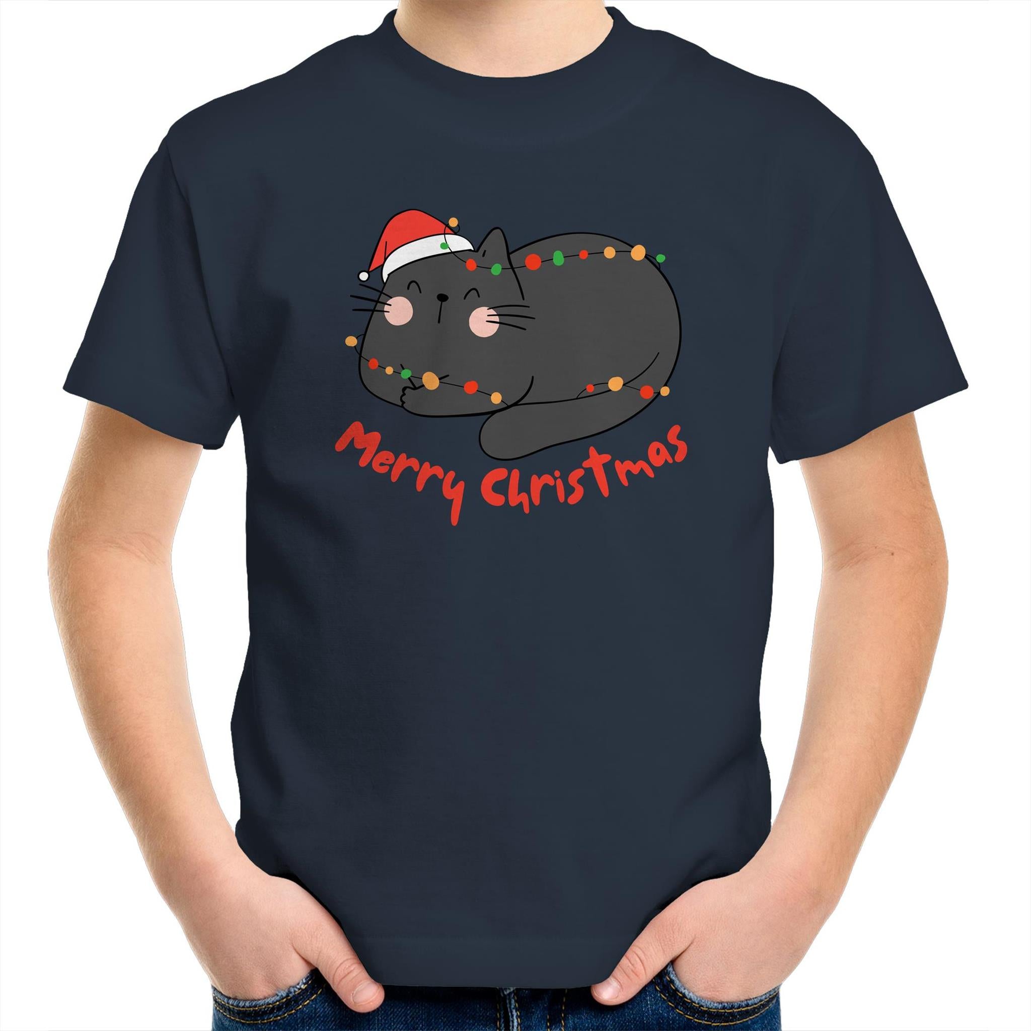 Cat Merry Christmas - Kids Youth T-Shirt Navy Kids Christmas T-shirt Christmas Printed In Australia