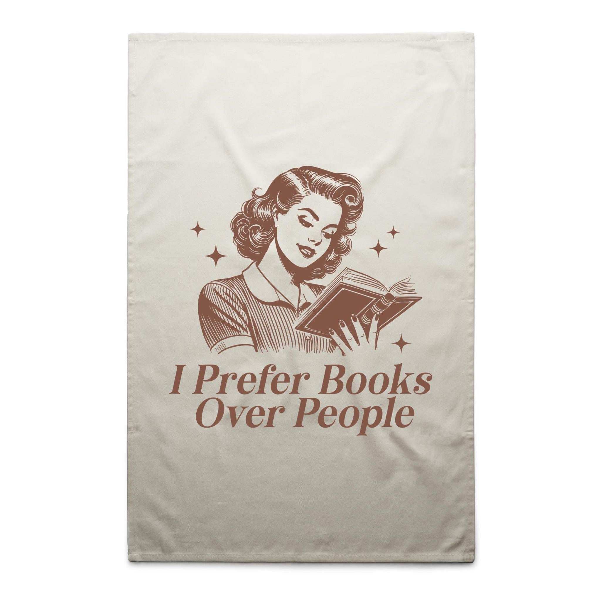 I Prefer Books Over People - AS Colour Tea Towel Cream One Size Tea Towel Printed In Australia Reading